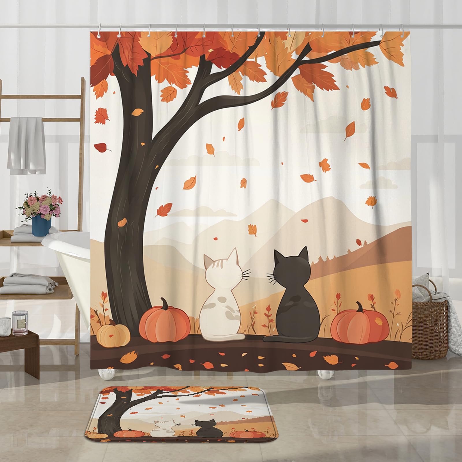Juego de 4 piezas de baño con diseño de gato, accesorio de baño con alfombra antideslizante, en forma de U y cubierta de tapa de inodoro, decoración de baño de hoja de arce de árbol otoñal, 72 x 72