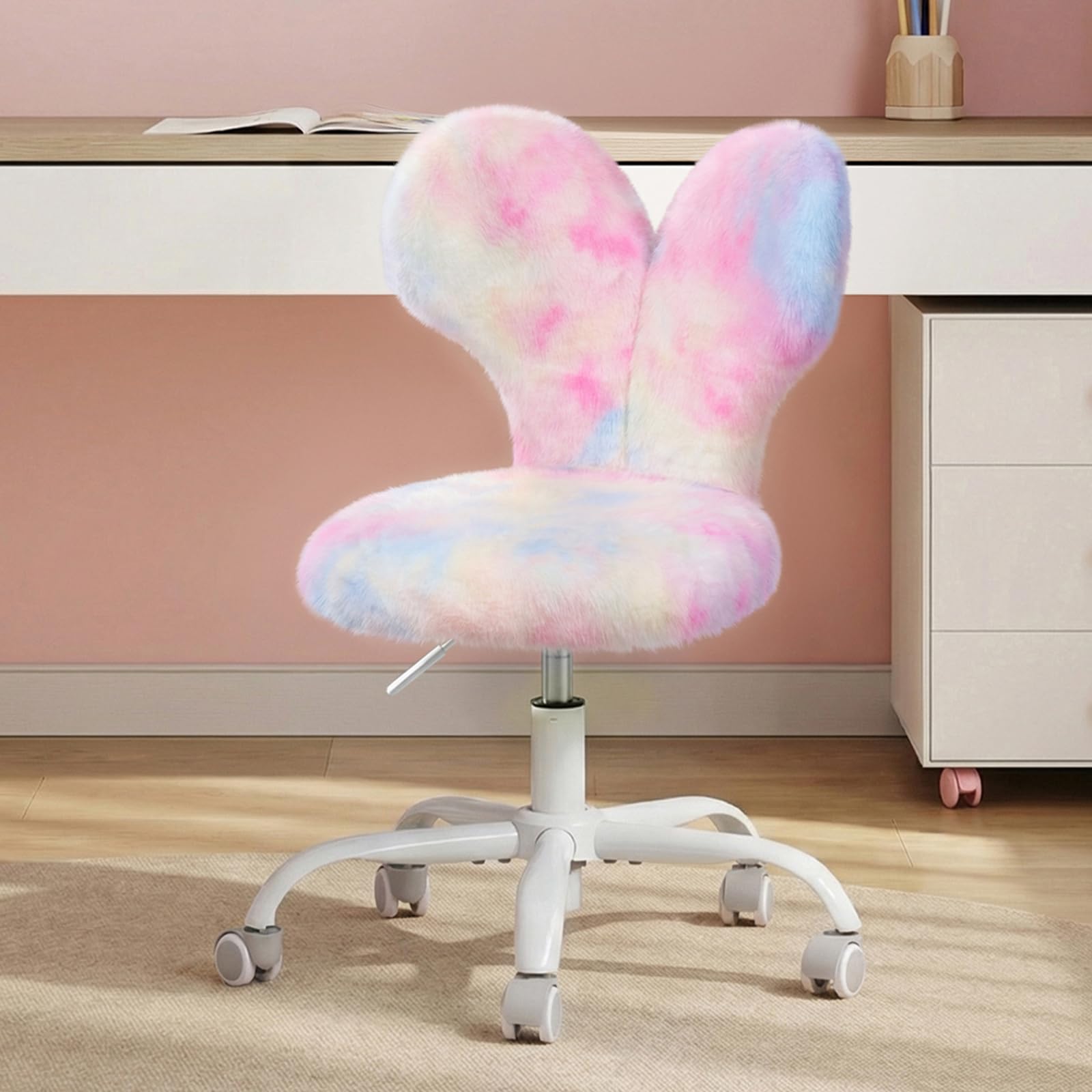 WOLTU Silla Escritorio Infantil, Silla Estudio para Niñas con Respaldo en Forma de Conejo, Asiento Giratorio y Ajustable de Altura de 41 a 50,5 cm, Rosa Multicolor
