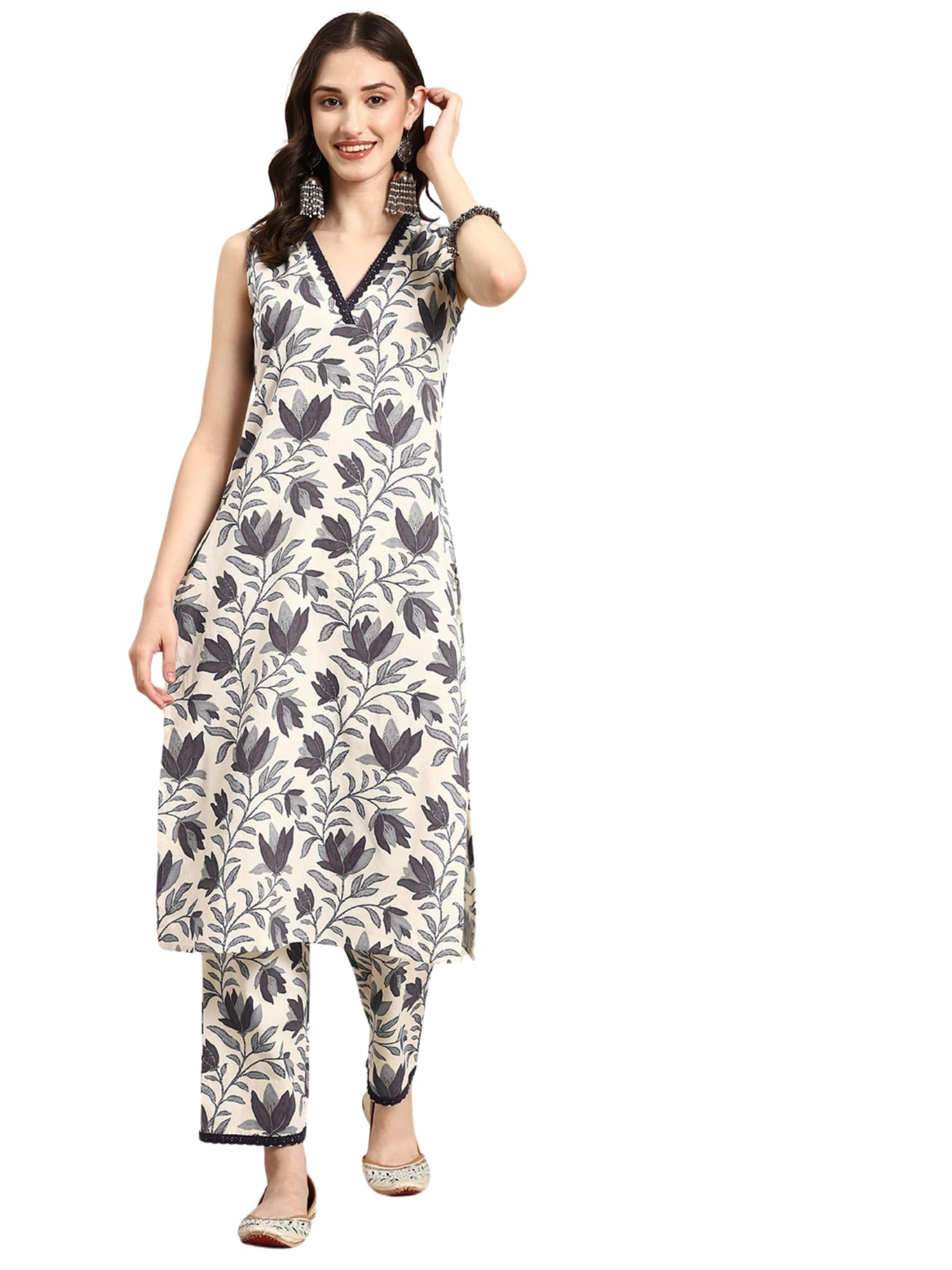 Smowkly V-Neck Sleeveless Kurta For Women (1431_Gry_Xxl) Grey