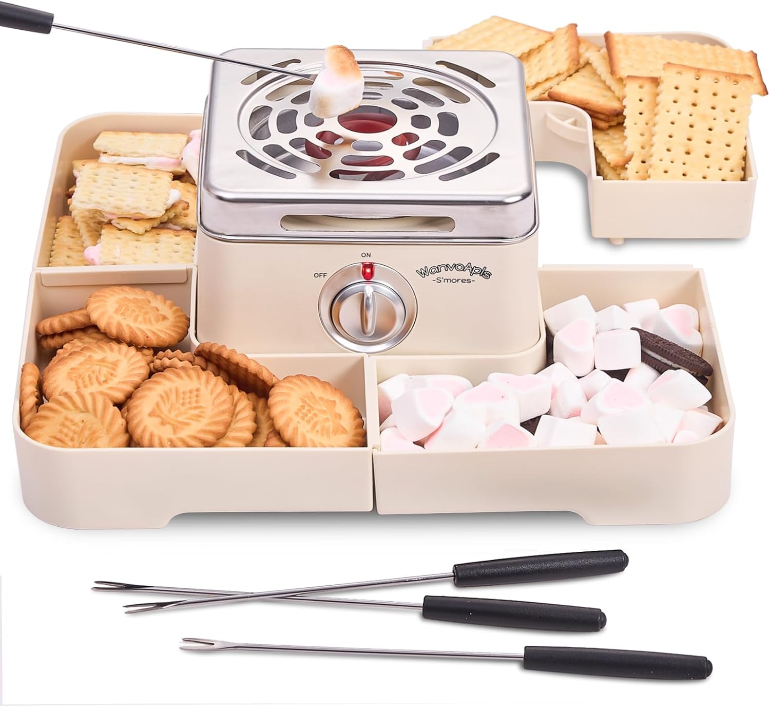 Electric Smores Maker - Indoor Smores Kit with 4 Detachable Trays, 4 Stainless Steel Forks - Flameless Smores Maker Tabletop Indoor Kit (White)