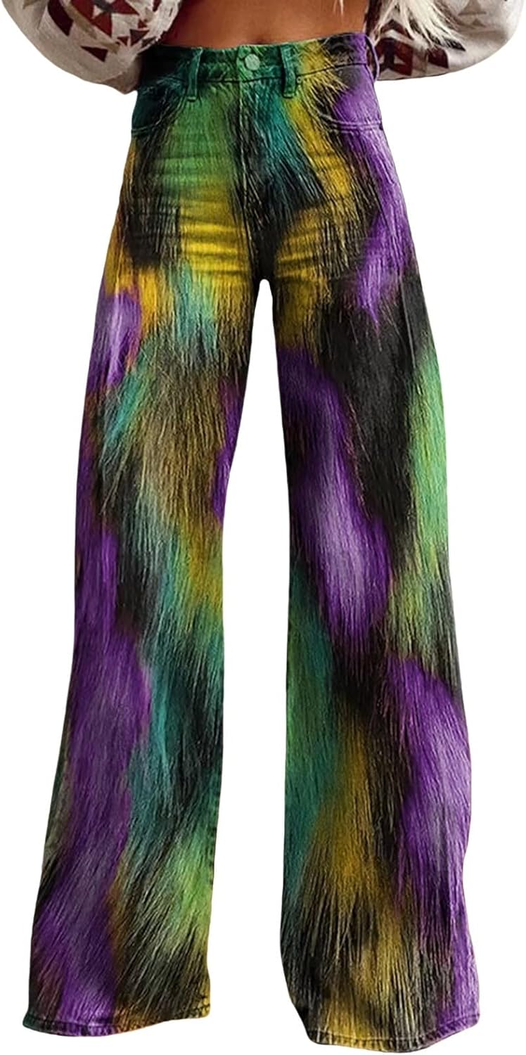 Women's Flare Jeans Wide Leg Baggy Pant Vintage Floral Printed High Waisted Straight Stretch Pants with Pockets