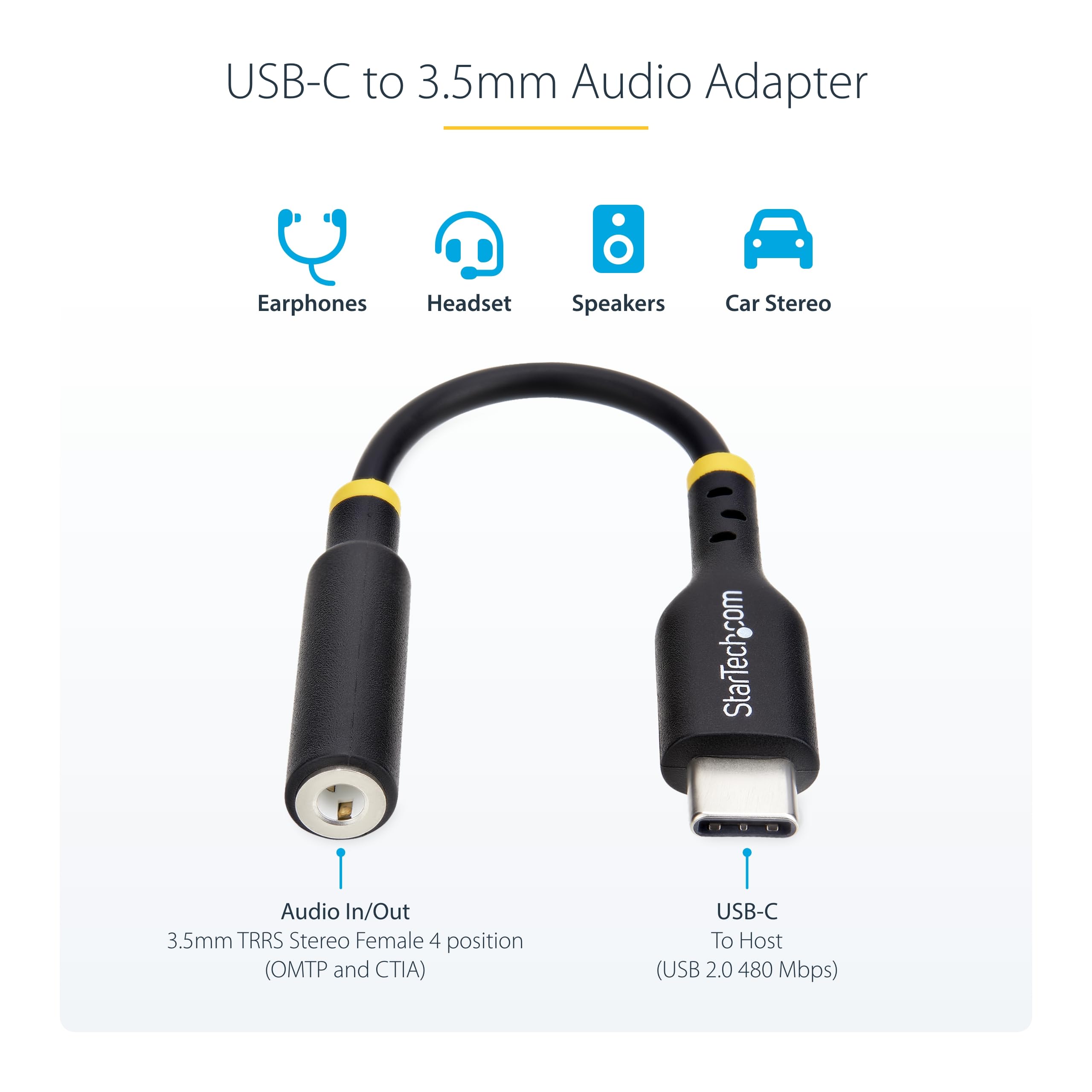 StarTech.com Adapter audio USB-C na 3,5 mm TRRS gniazdo słuchawkowe/słuchawkowe, USB typu C Aux Dongle, Hi-Fi 32-bitowy DAC, do PC/telefonu