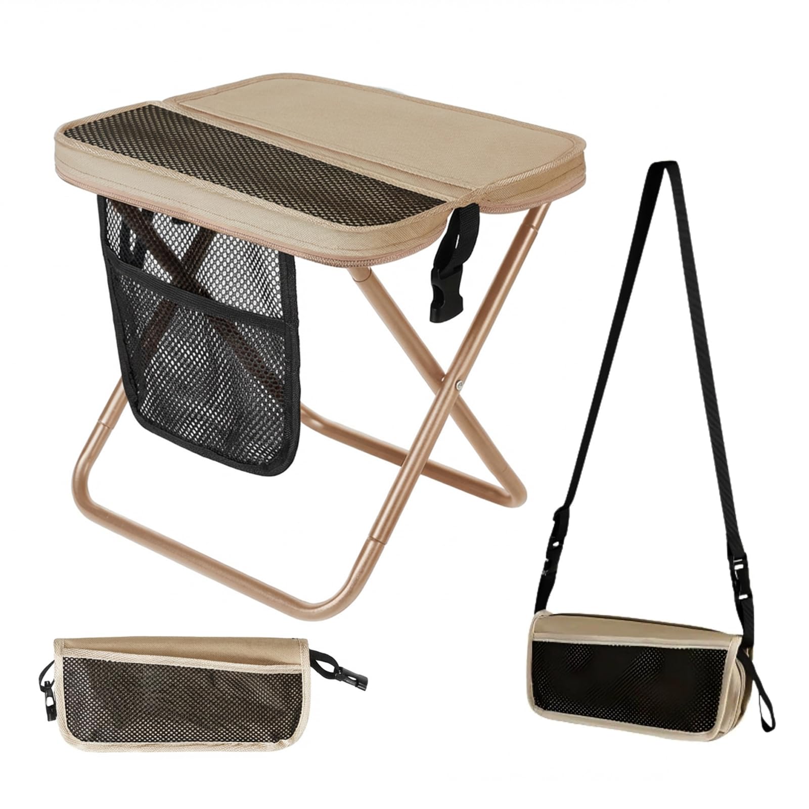 Foldable Backpack Stool for Camping,Portable Pocket Folding Stool with Storage Pouch,Folding Camping Stool for Hands-Free Carry & Supports 265Lbs,Small Chair for Fishing,Travel,Hiking，Beige-image-8