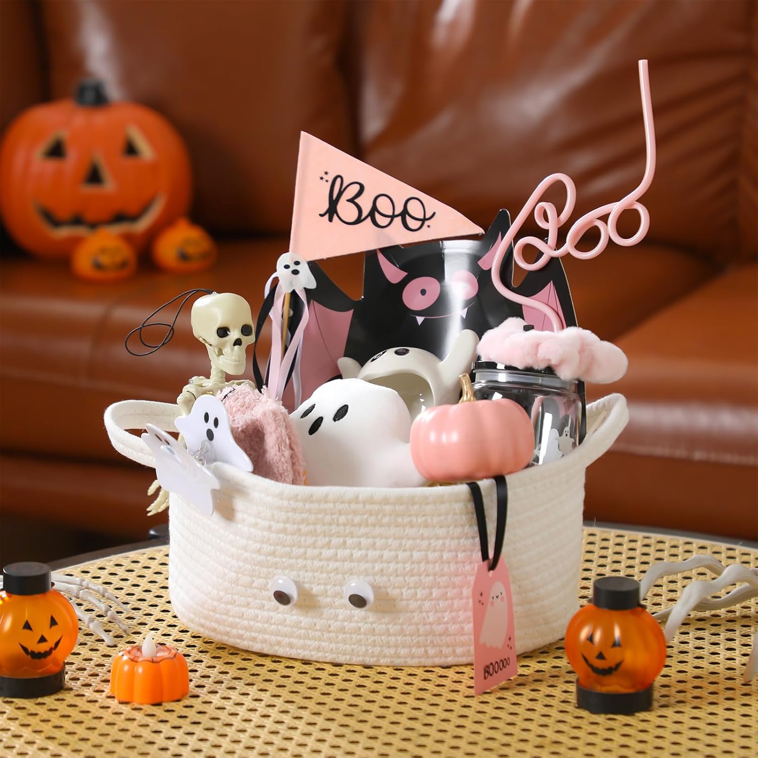 12 Pcs Halloween Boo Gifts Basket Stuffers for Women Summer Halloween Spooky Ghost Cute Boo Basket Gifts Plastic Cups Paper Bat Plate Fuzzy Socks Skeleton Pendant for Her Sister Friends
