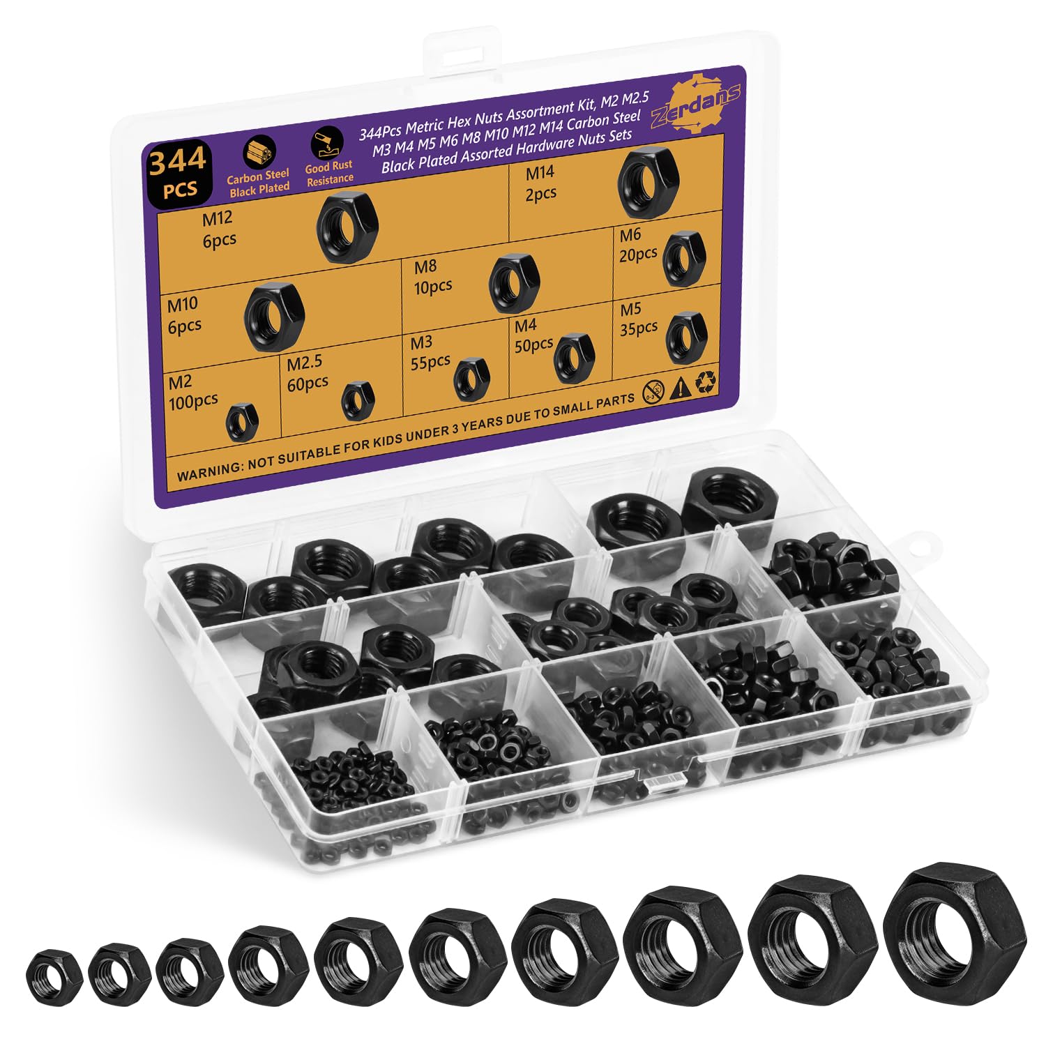 344Pcs Metric Hex Nut Assortment with M2 M2.5 M3 M4 M5 M6 M8 M10 M12 M14 Hardware Nuts Sets| Black Oxide Carbon Steel for Electronics, Mechanics & DIY