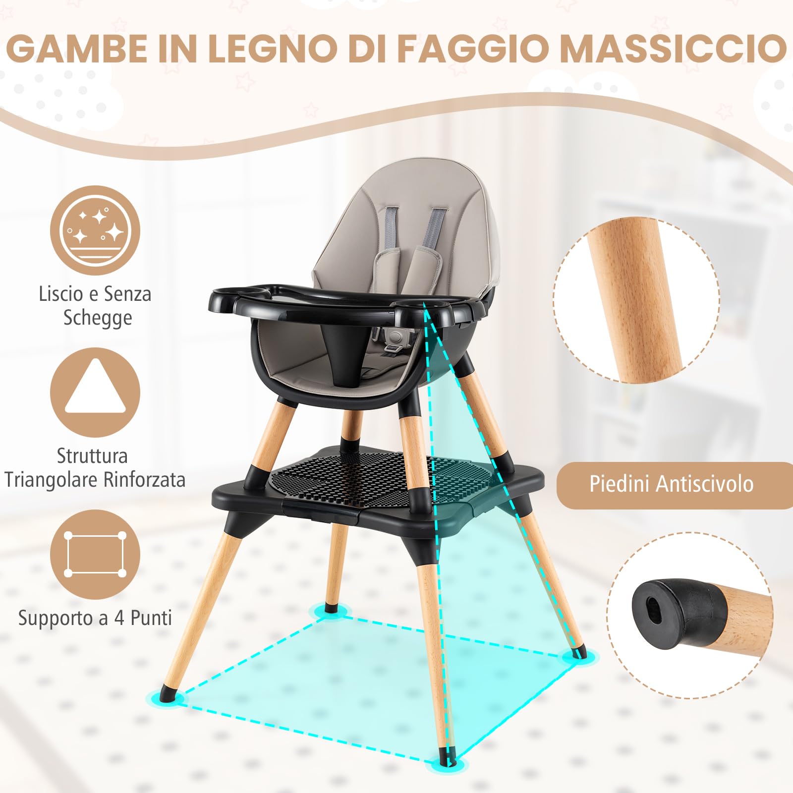 RELAX4LIFE 4 in 1 Seggiolone Pappa, Seggiolone Evolutivo con Vassoio Rimovibile e Cintura di Sicurezza, Altezza Regolabile in 4 Posizioni, per Bambini e Neonati 6-36 Mesi (Standard, Grigio Scuro)