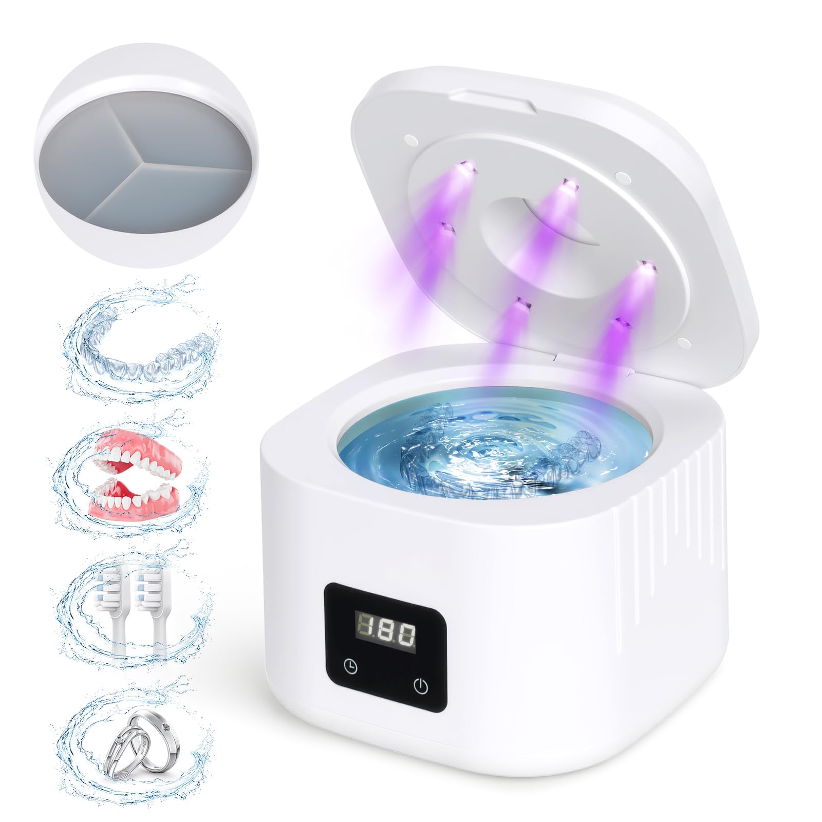 Retainer Ultrasonic Denture Cleaner Machine, 49kHz Dental Night Guard Cleaning Tablets Ultra Sonic Dental Tools for Aligner, Braces, Toothbrush Head & Jewelry with Digital Timer & 3 Mode White (340ML) — view 8