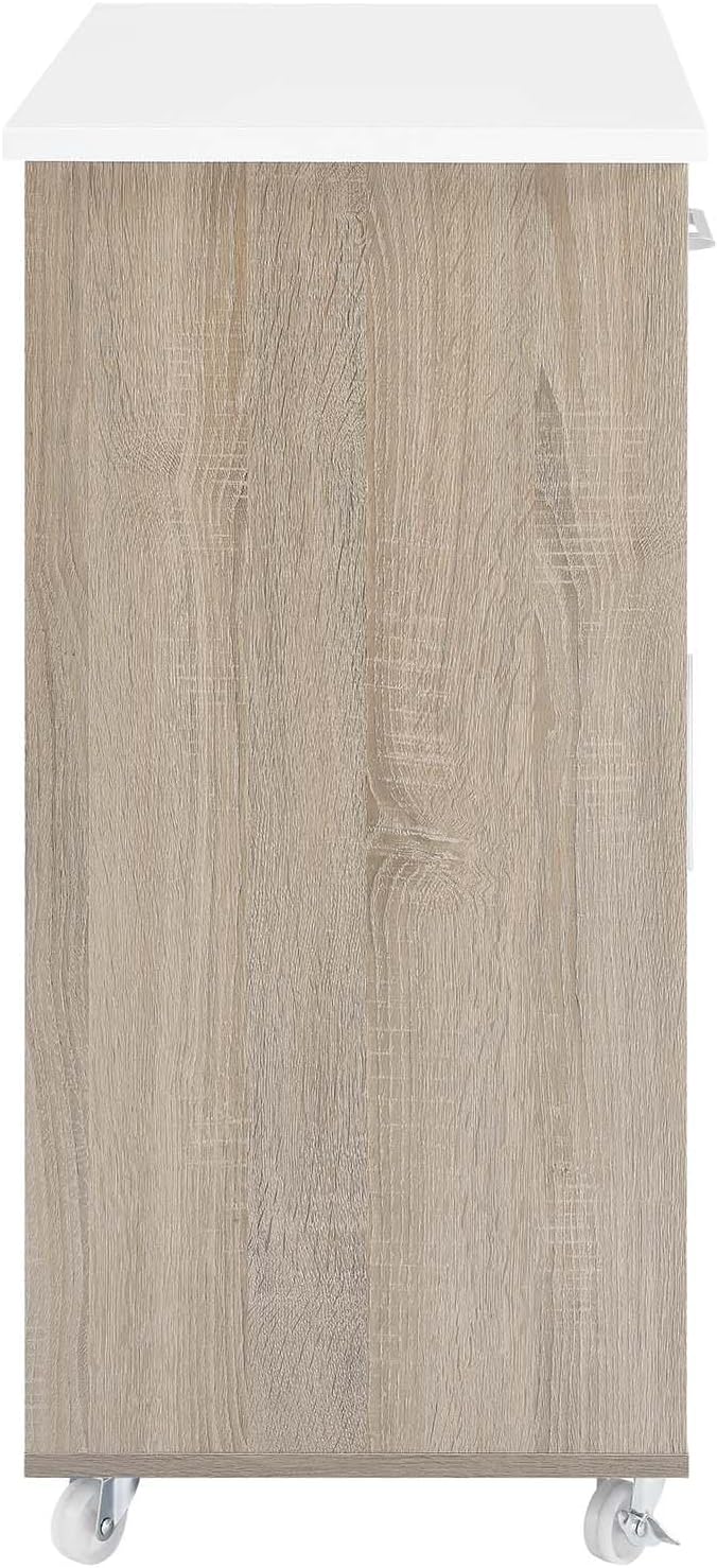 Modway Culinary Rolling Kitchen Cart with Storage in Oak White - 3 Tiers Kitchen Island on Wheels with Towel Bar, Functional as a Coffee Station, Bar Cabinet or Butcher Block Island