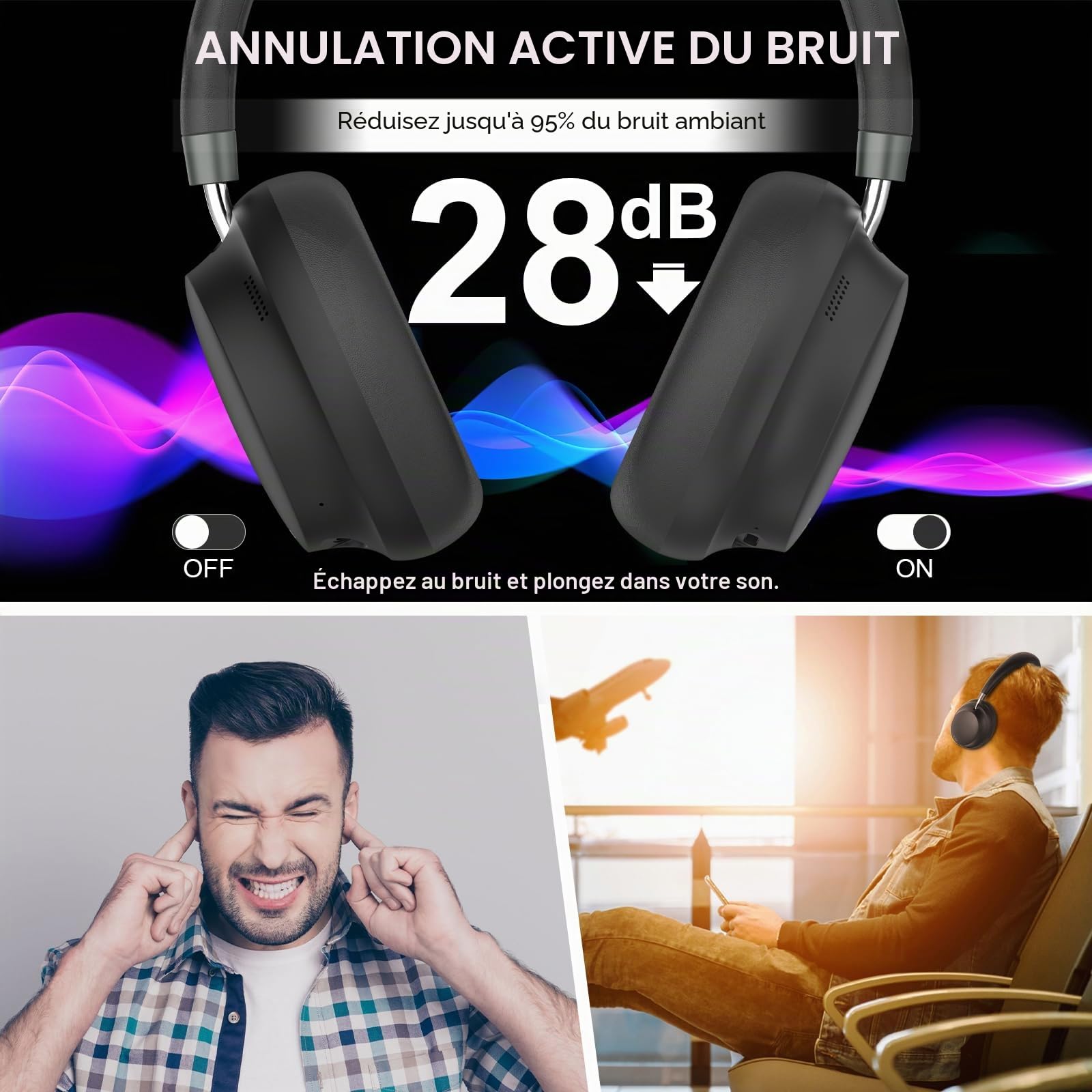 T-fun NC45 Casque sans Fil à Réduction de Bruit Active,Faible Latence, Bluetooth 5.3,égaliseur Personnalisé Via Application, 55 Heures pour Les Voyages/Le Travail