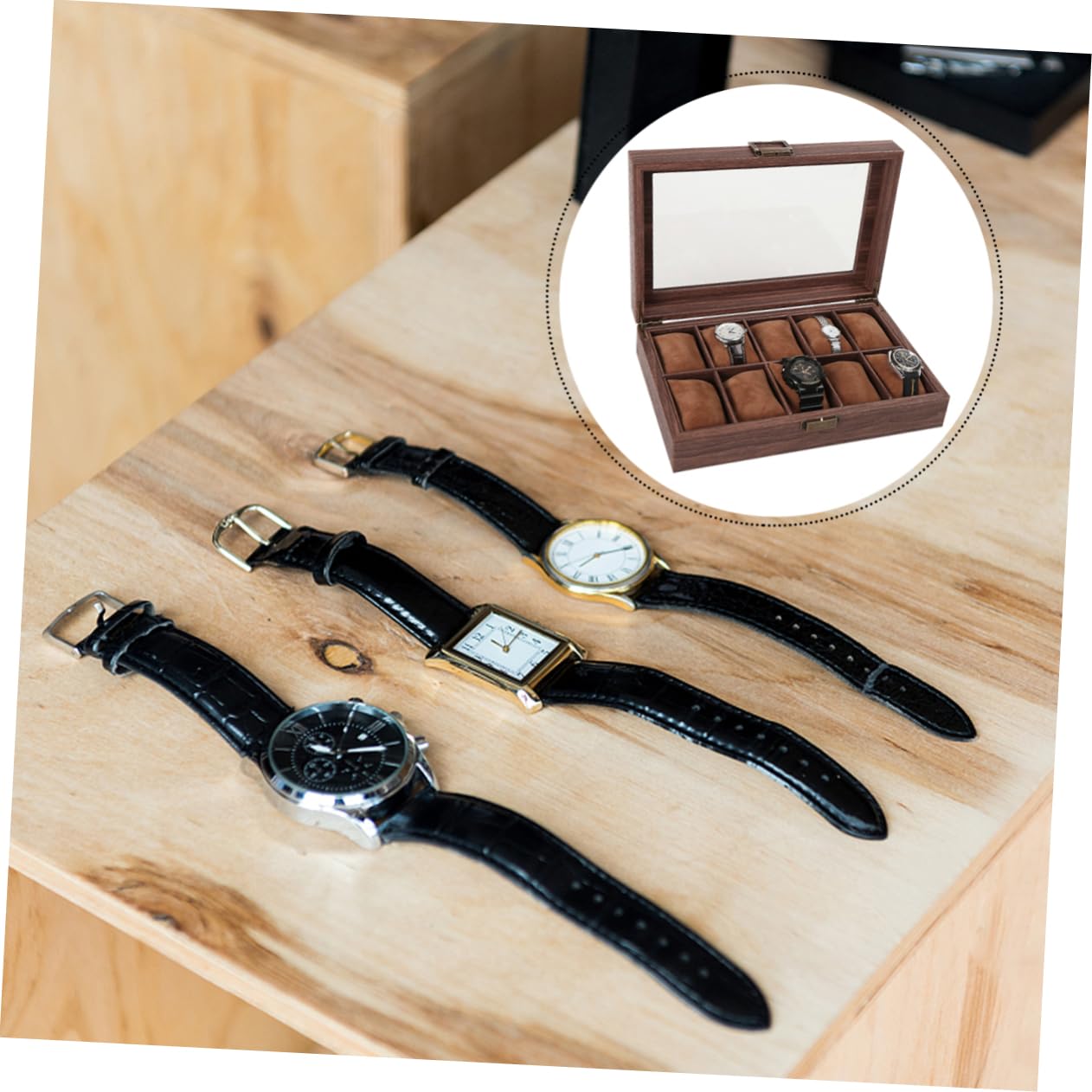 Caja De Relojes Cuero Sintético Veta De Madera Ranuras Expositor Cerrado