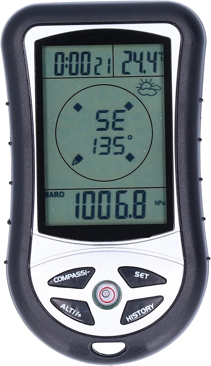 8 IN 1 Altimeter, Digital Compass, Hiking Thermometer, Barometer, Weather, Timer with Backlight for Mountaineering Outside -2300 to 29500FT 1100MBAR, 300mbar to 1100mbar, English Manual, Lanyard 8 IN 1 Altimeter, Digital Compass, Hiking Thermometer, Barometer, Weather, Timer with Backlight for Mountaineering Outside -2300 to 29500FT 1100MBAR, 300mbar to 1100mbar, English Manual, Lanyard