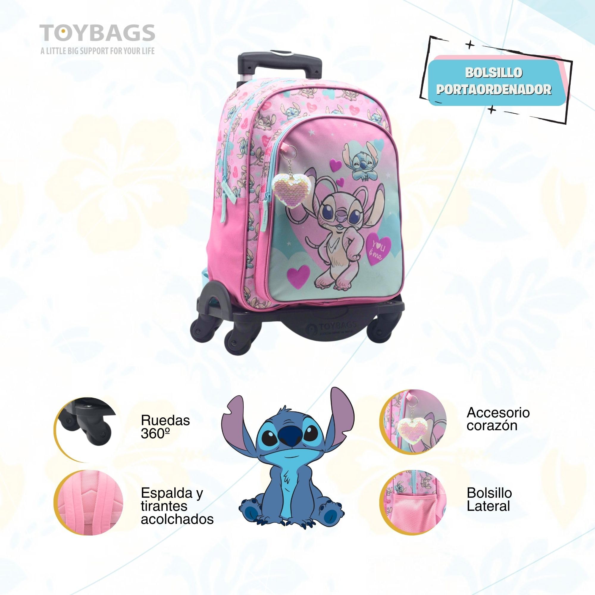 Mochila Escolar Angel & Stitch - Doble Compartimento - CON ACCESORIO CORAZON + CARRO NEGRO TOYBAGS CON PROTECCION LATERAL Y STOPER FRONTAL 4 ruedas giratorias - 44.5 X 32 X 21 CM