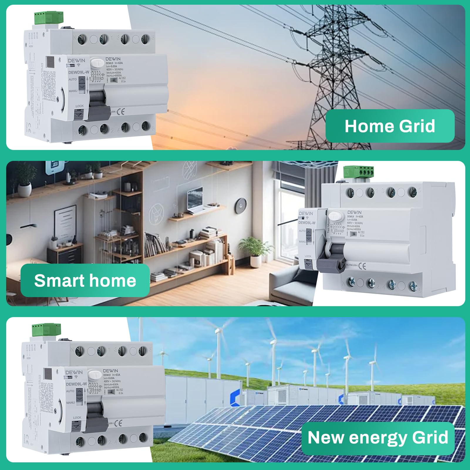 DEWIN Wlan FI Schutzschalter Dreipolig, FI Schalter mit Wiedereinschaltgerät Schließen und Öffnen Können über App im Automatischen Modus Gesteuert Werden 4P 63A 30mA AC 400V