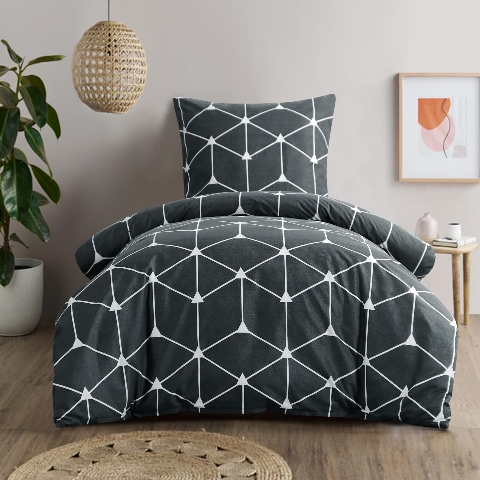 RUIKASI Bettwäsche 140x200 2 teilig Anthrazit - Bettbezug 140 x 200 Set mit Geometrie Muster, Bettwäsche-Sets 140x200cm aus Mikrofaser mit Reißverschluss Weich und Bügelfrei