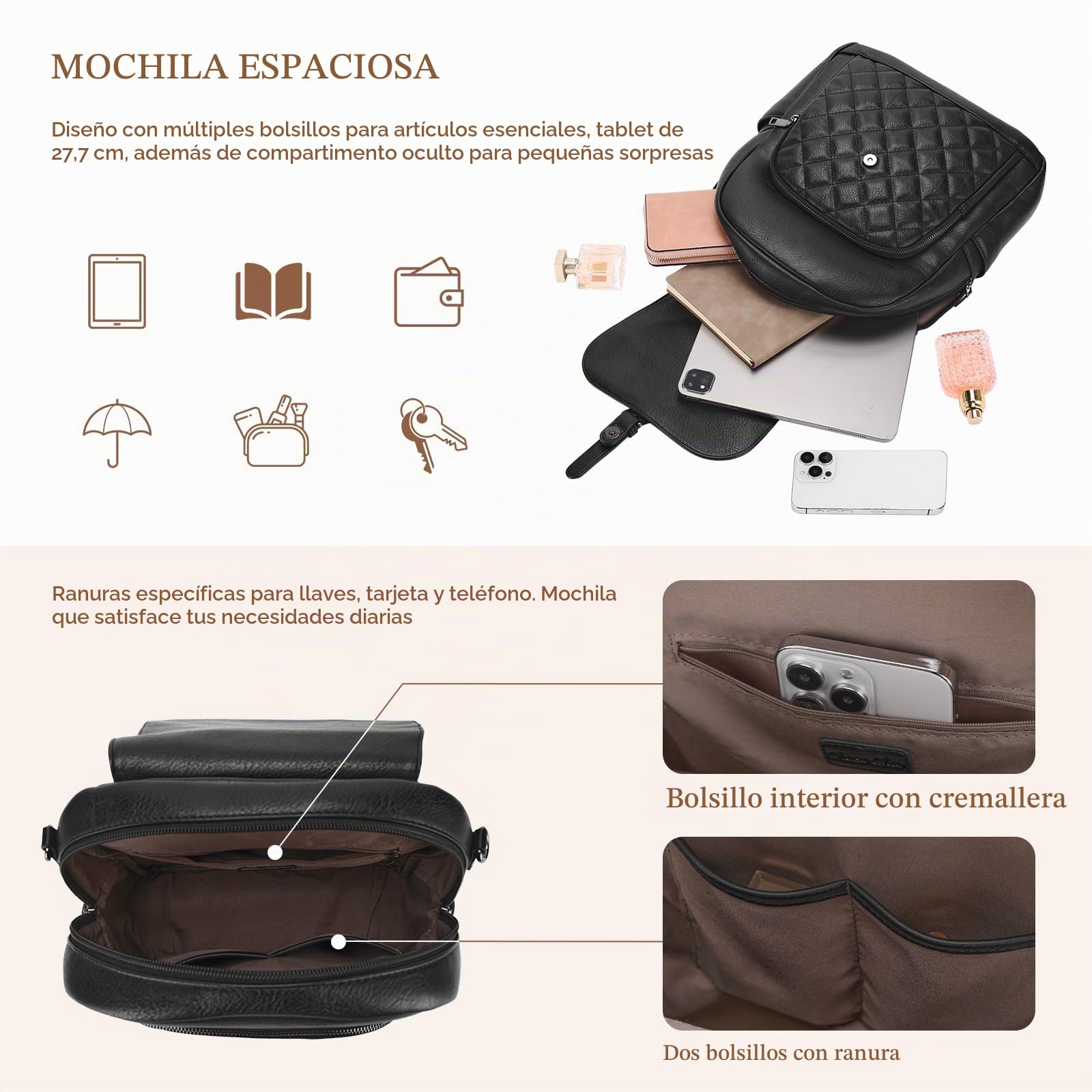 Chase Chic Bolso Mochila Mujer, Mochila de Cuero Pu Impermeable Mochila Antirrobo Bolsos de Hombro Bandolera Casual para Trabajo, Escuela y Viaje, Negro