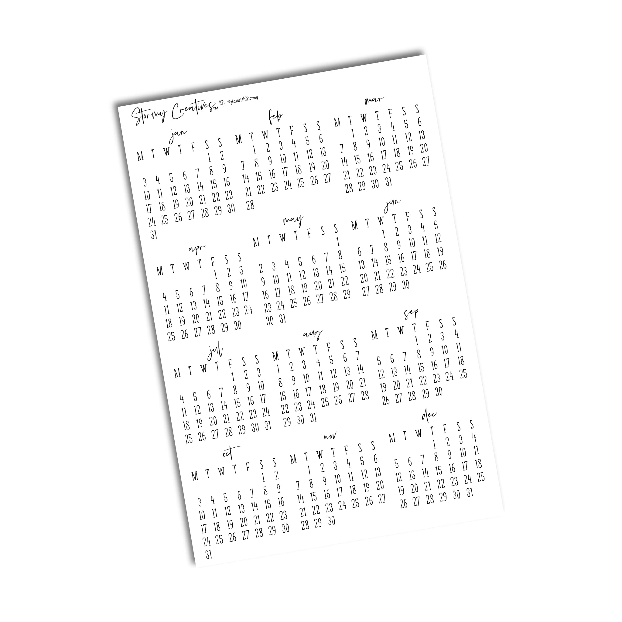 Mini 2022 Calendar Stickers for Journals, Planners, Year-at-a-Glance Calendars (Transparent Matte)