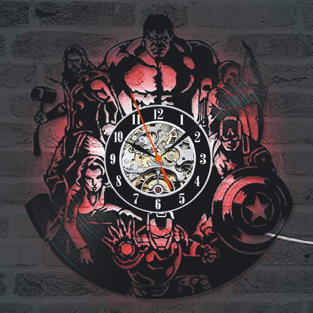 LittleNUM Vinyl record wall clock Creative wall clock Mute wall clock Color-changing LED decorative wall clock The Avengers Home decoration,LED light (data cable)