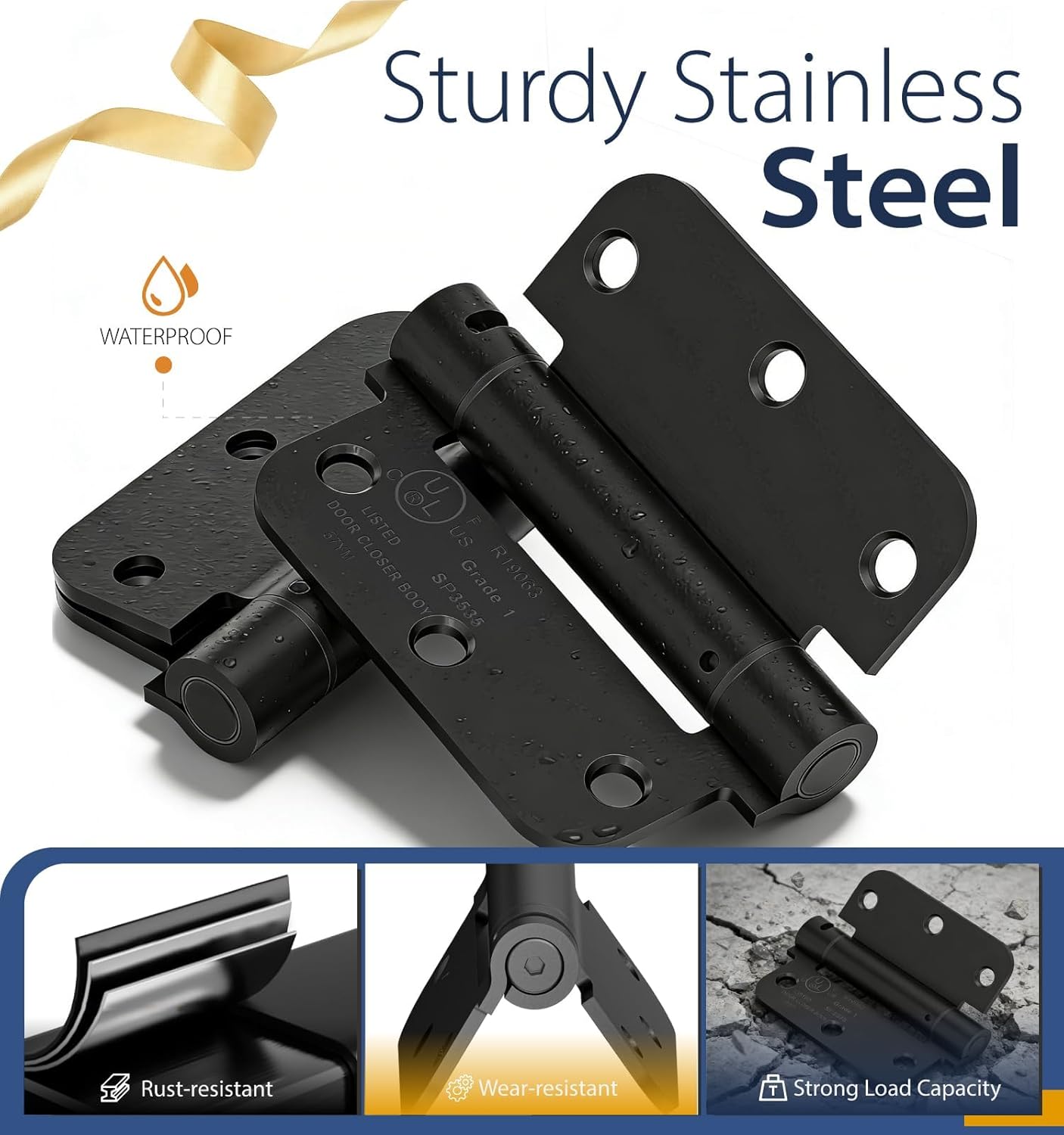 3-Pack Self Closing Door Hinges, 3.5 Inch Spring Loaded Door Hinges, Adjustable Tension for Exterior,Garage, Front Back Door,Left Right Hand Door, 5/8'' Radius Corners,UL Listed,Black