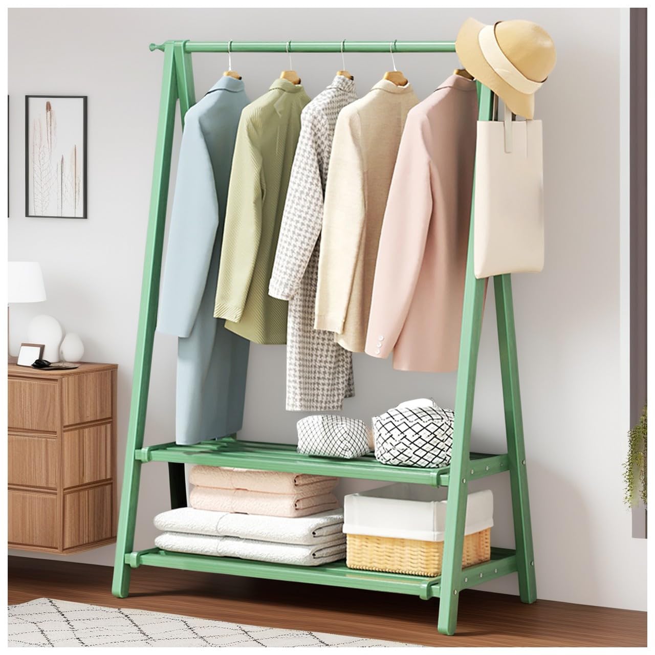 Vestiaire d'entrée industriel vert 116cm avec penderie et range-chaussures pour couloir