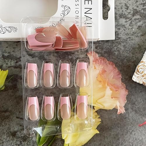 Miniatura 3 de Uñas postizas a presión con punta francesa, largas y cuadradas, uñas postizas de ataúd, uñas acrílicas rosadas con pegamento, cobertura completa,