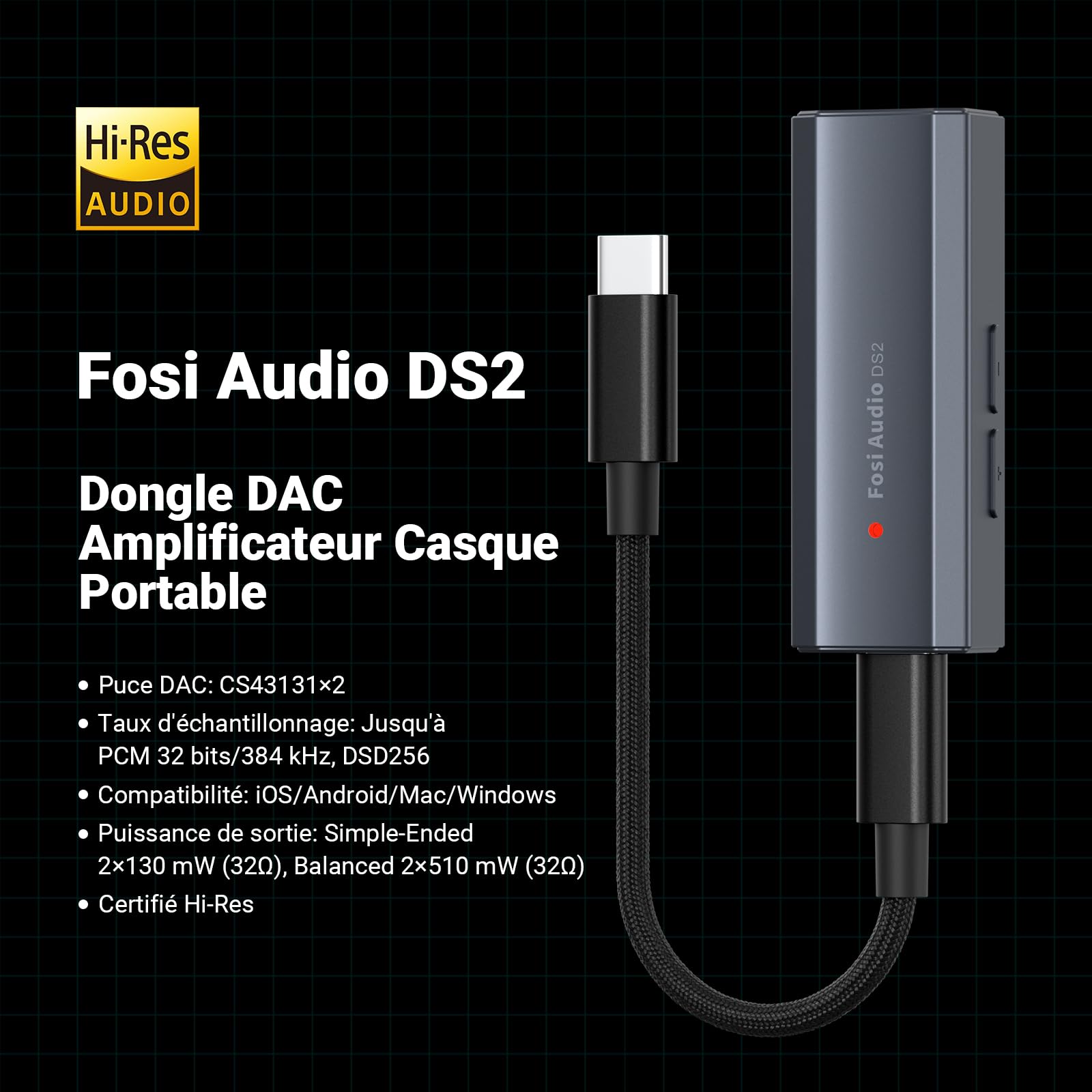 Fosi Audio DS2 USB C to AUX Amplificateur de casque DAC Dongle 3.5mm Jack Adaptateur Audio Portable Amplificateur avec double sortie DSD256 4.4mm Balanced High Resolution Chip CS43131