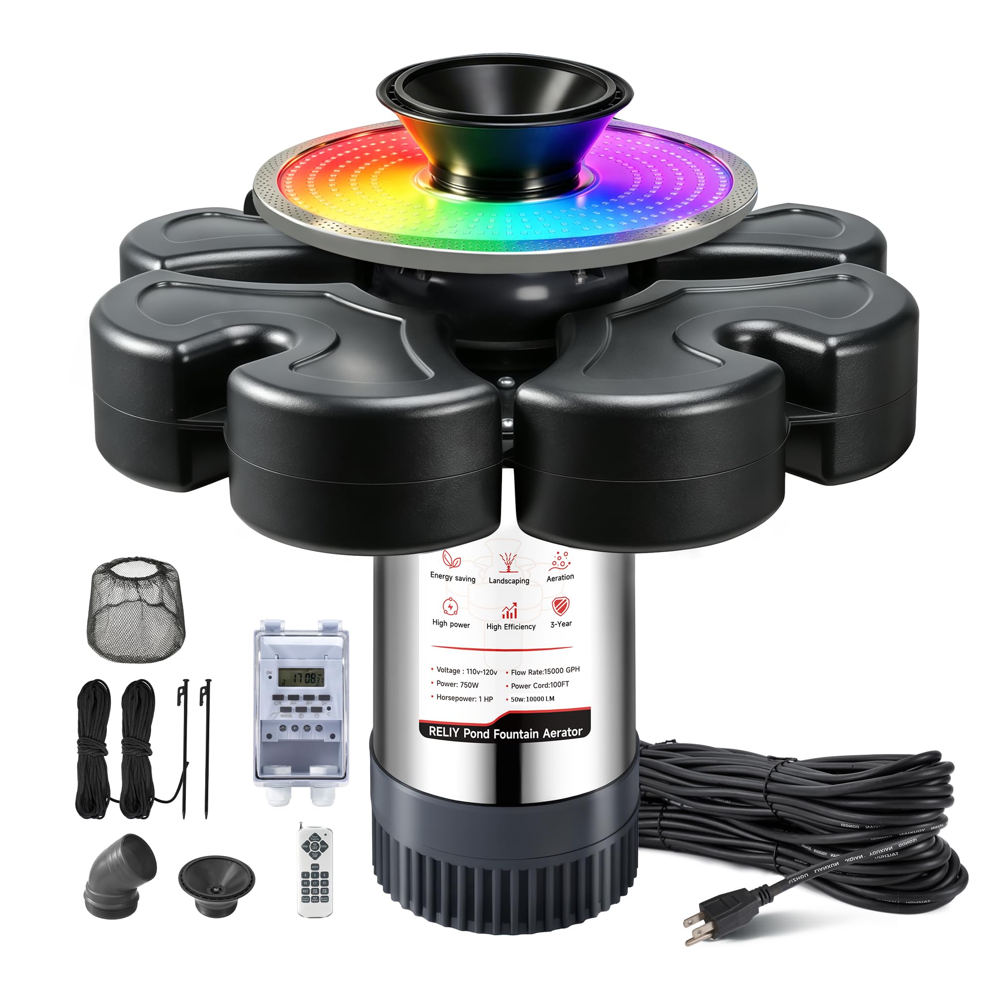 RELIY Pond Fountain Aerator, 50W RGBW Fountain Light 1HP 110V 15000 GPH Fountain Pump, Fully Automatic Powerful Lake Floating Fountain, 100 FT Power Cord, Pond Fountains For Large Ponds