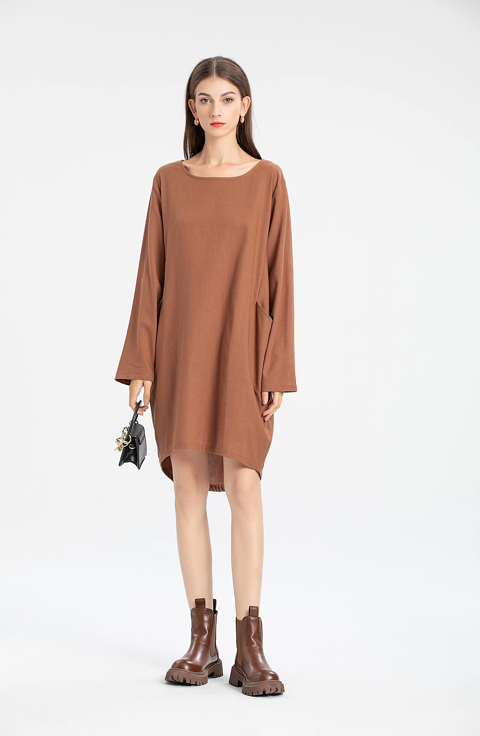 FTCayanz Damen T-Shirt Tunika Kleid Langes Leinenkleider Elegant Langarm Blusenkleid Mini Kleider