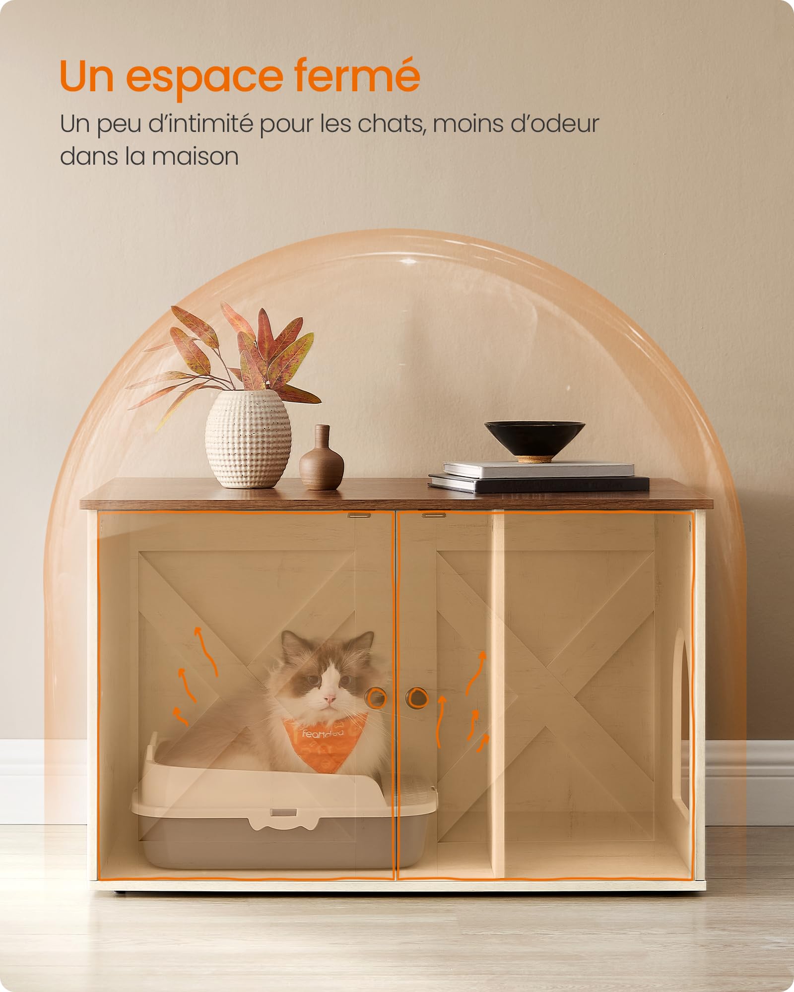 Feandrea Maison de Toilettes pour Chat, Niche, Meuble Litière Chat, avec Séparateur Amovible, Cache-litière, Table Basse, 80 x 53 x 50 cm, Marron Miel et Blanc Rustique PCL002P01V1