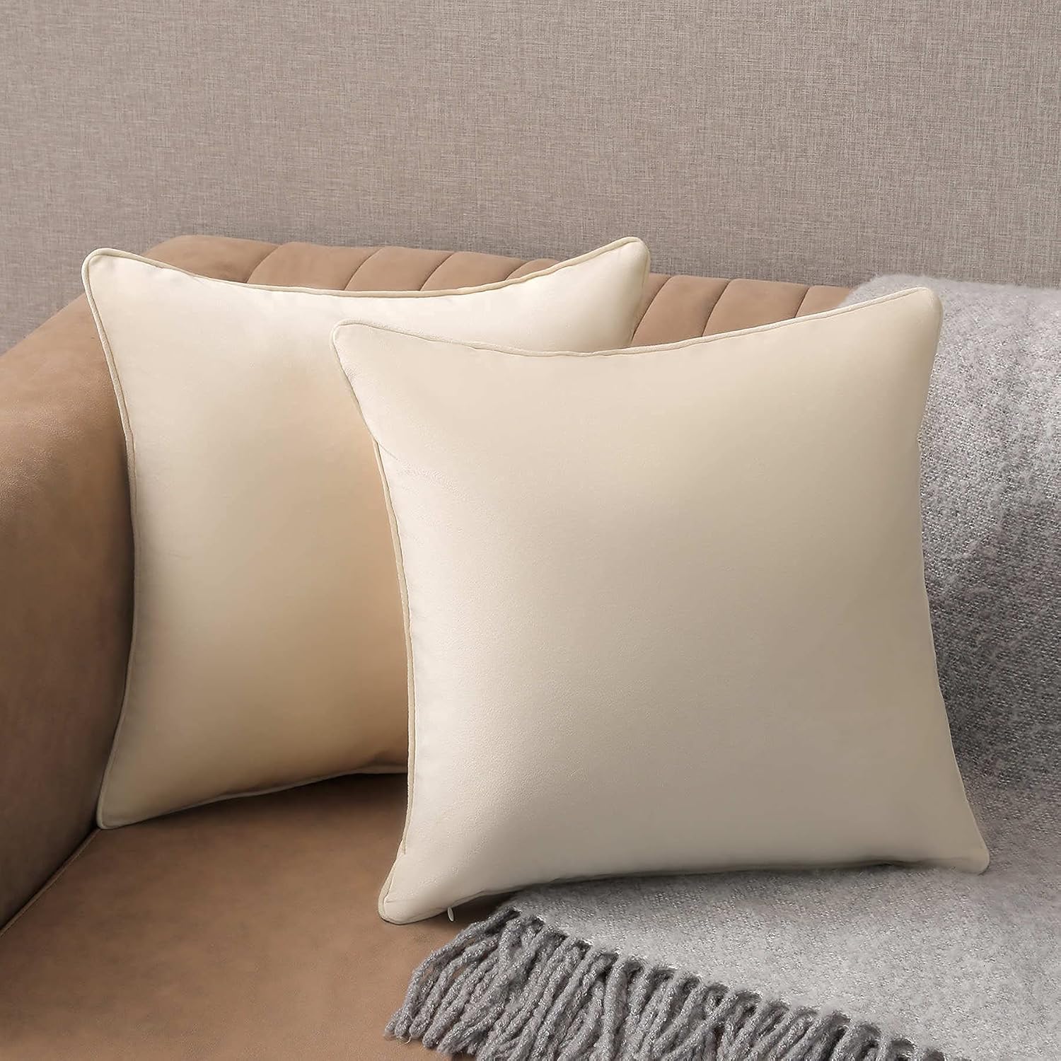 SISIZH Set of 2 Square Solid Color Velvet Throw Pillow Covers, 20x20 Soft Decorative Cushion Covers Pillowcases for Sofa Couch Bed, Beige