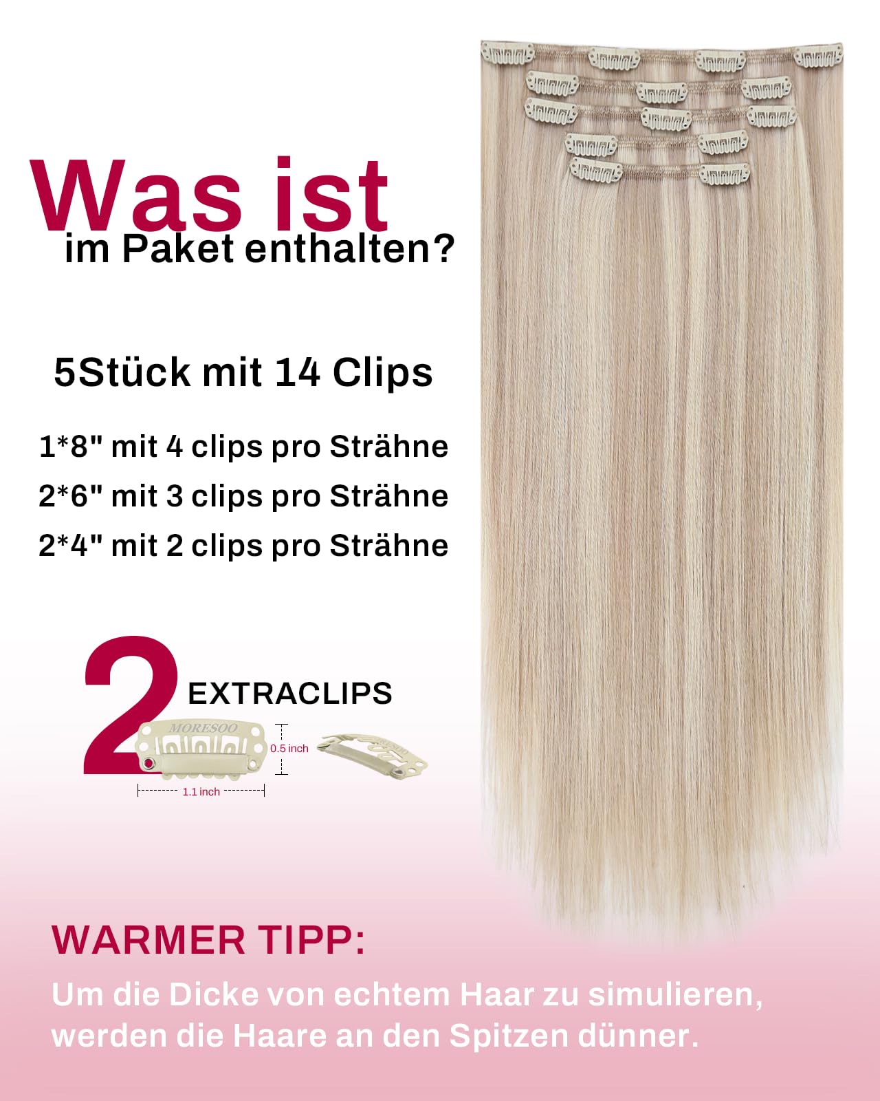 Moresoo Echthaar Extensions Clip Aschblond mit Platinblond Strähnchen Clip in Extensions Echthaar 40 cm 5 Stück 80g Glattes Haar #18/613 - 4