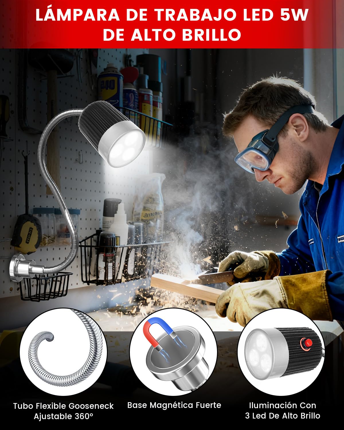 Klarlight Lámpara Magnética LED de Trabajo 5W, Lámpara de Máquina Magnética, Tubo Flexible para Máquinas, Luz Blanca Fría 6000K para Torno, Banco de Trabajo, Máquina de Coser, Parrilla y Taller