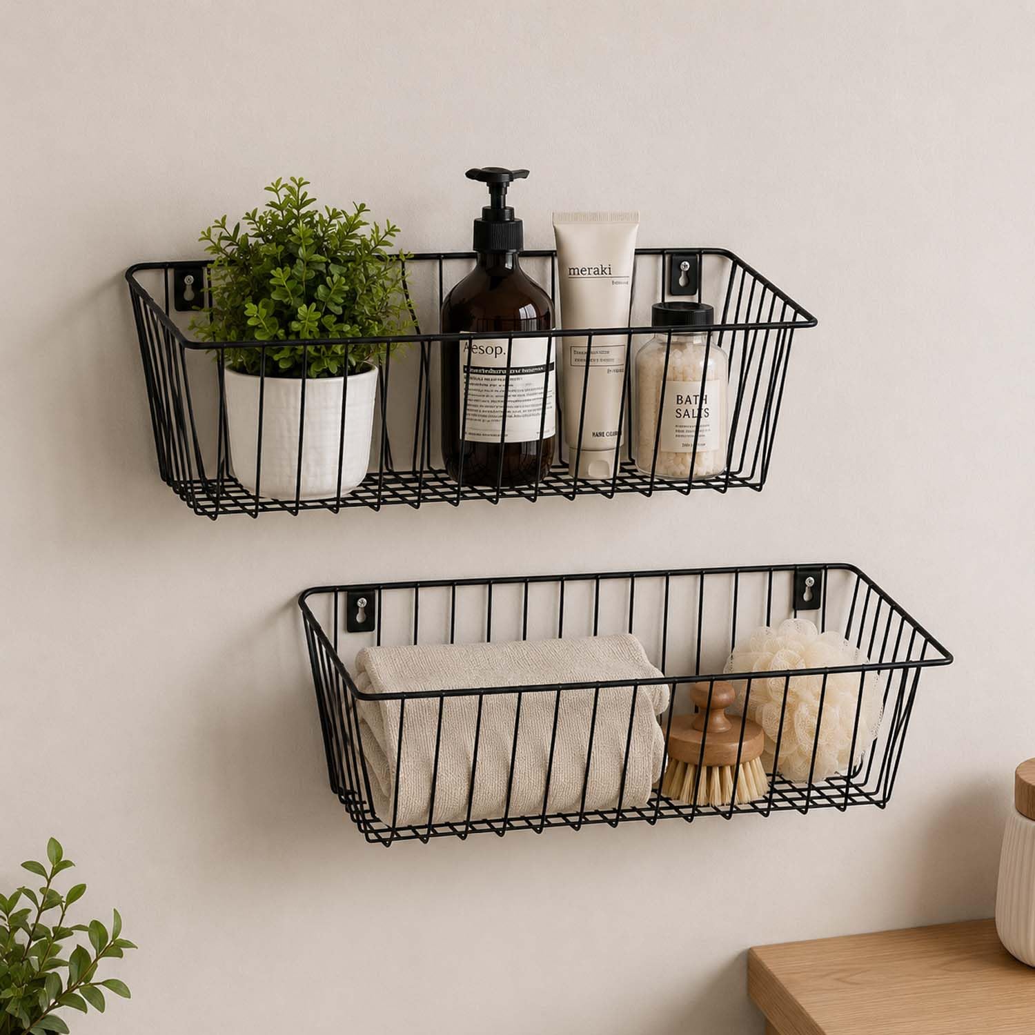 Go Hooked Pack of 2 Metal Wall Mount Storage Basket Organizer Portable Hanging Wall Basket for Bathroom, Bedroom, Office, Home (Black)-picture-10
