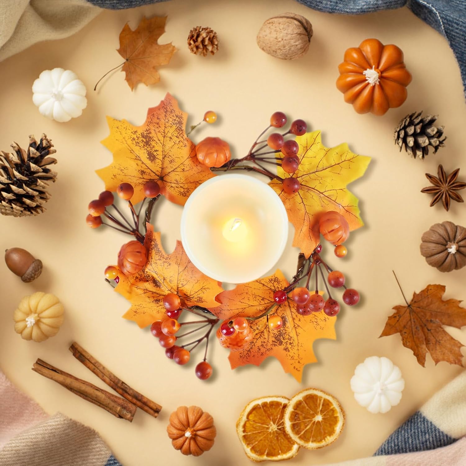 4 Pack Fall Candle Rings Wreaths, Artificial Pumpkin Maple Leaf Candle Wreath Berry Rings, Autumn Halloween Thanksgiving Wedding Party Table Decor, 4.7" ID / 9" OD