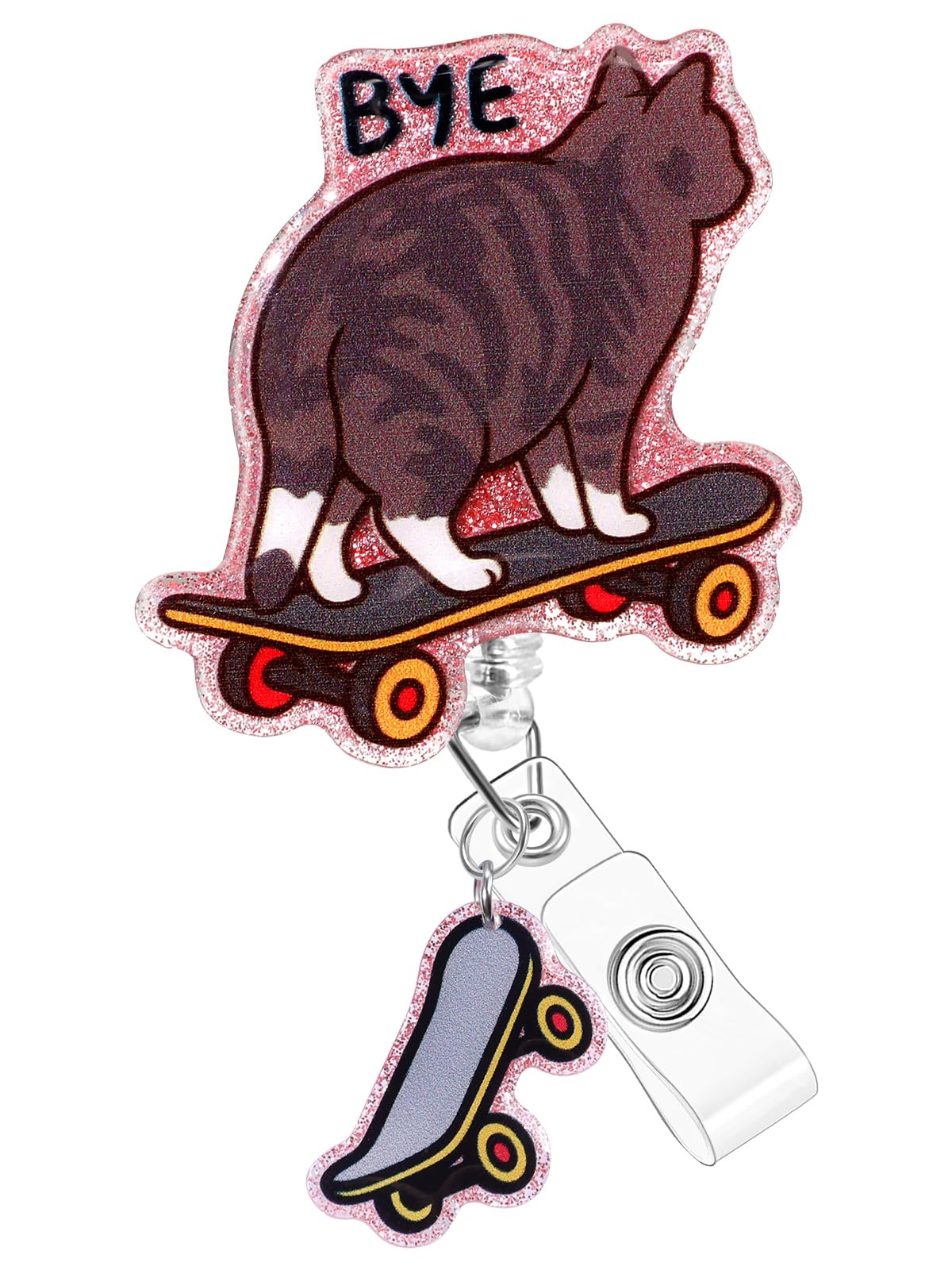 Plifal Badge Reel Holder Clip - Cute Cat Skateboard Retractable ID Name Card Badge Reel with Charm Alligator Clip, Office Nurse Nursing Medical Worker Student Accessories Gifts