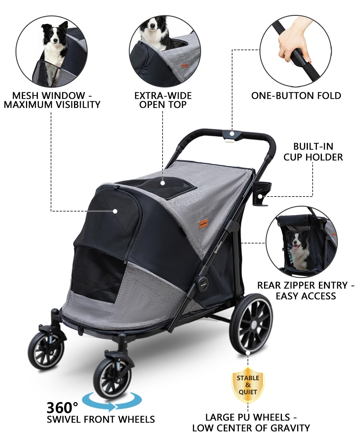 Hundewagen Ein-Taste-Zusammenklappung Hundebuggy bis 40kg Hundewagen Große Hunde Katzenwagen für 2 Große Katzen 360° Verschleißfeste Gummiräder Netzfenstern