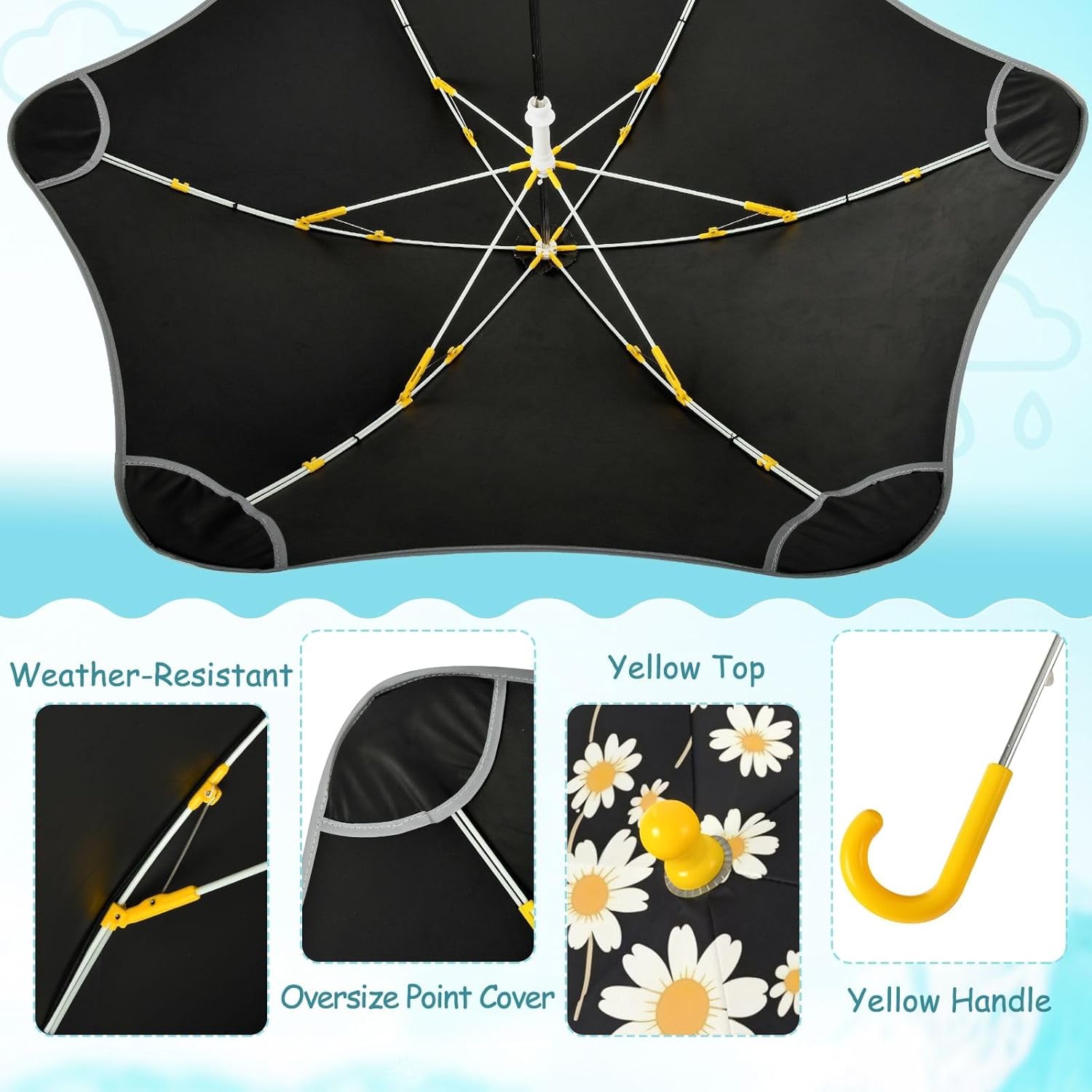 ODAWA Daisies Black Stick Umbrellas with Hook Handle Toddler Girl Boy Sun and Rain Umbrella Age 3-8