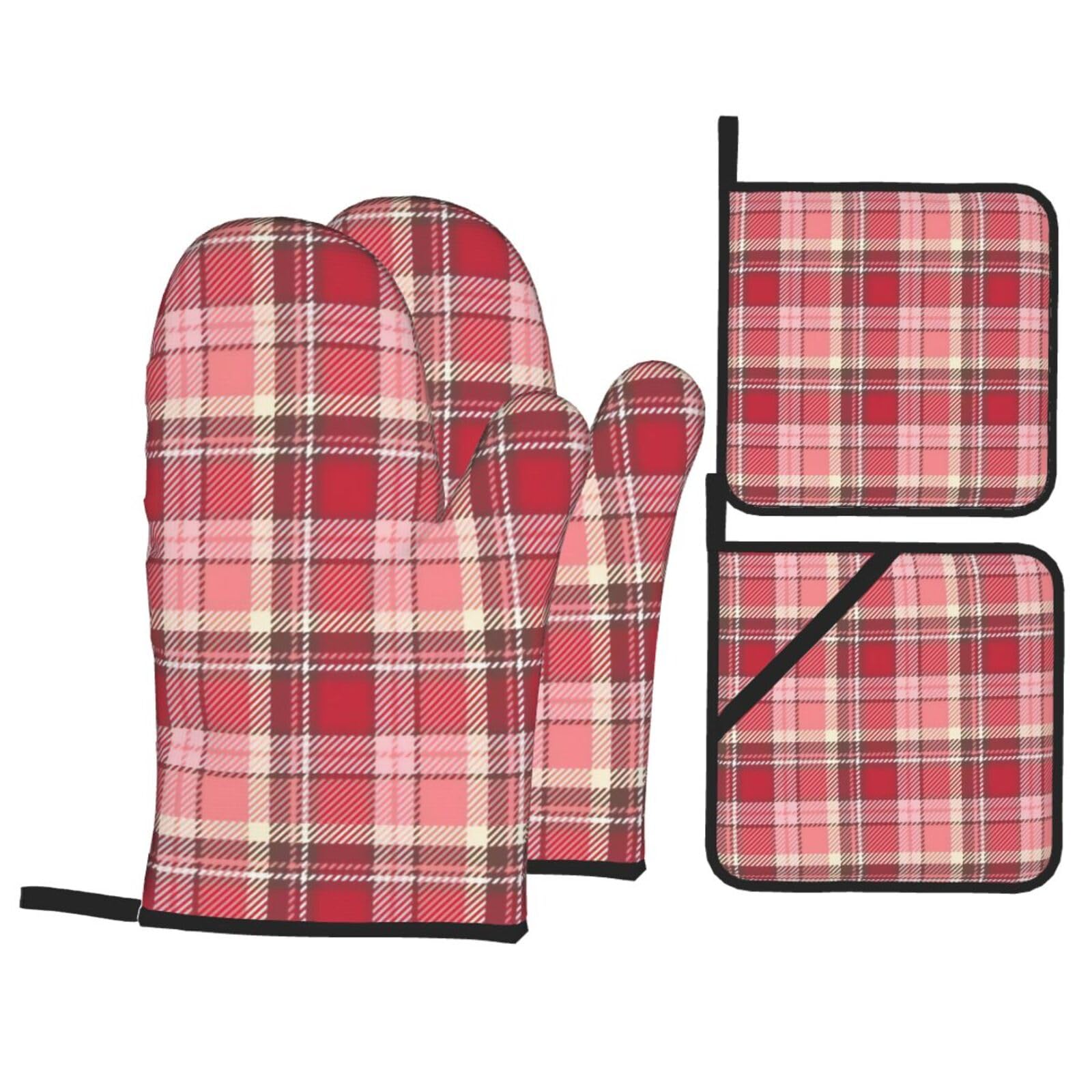 Tartan Heat Resistant Oven Mitts and Pot Holders Set of 4 Protection Utensil Pocket for Grilling Baking Cooking