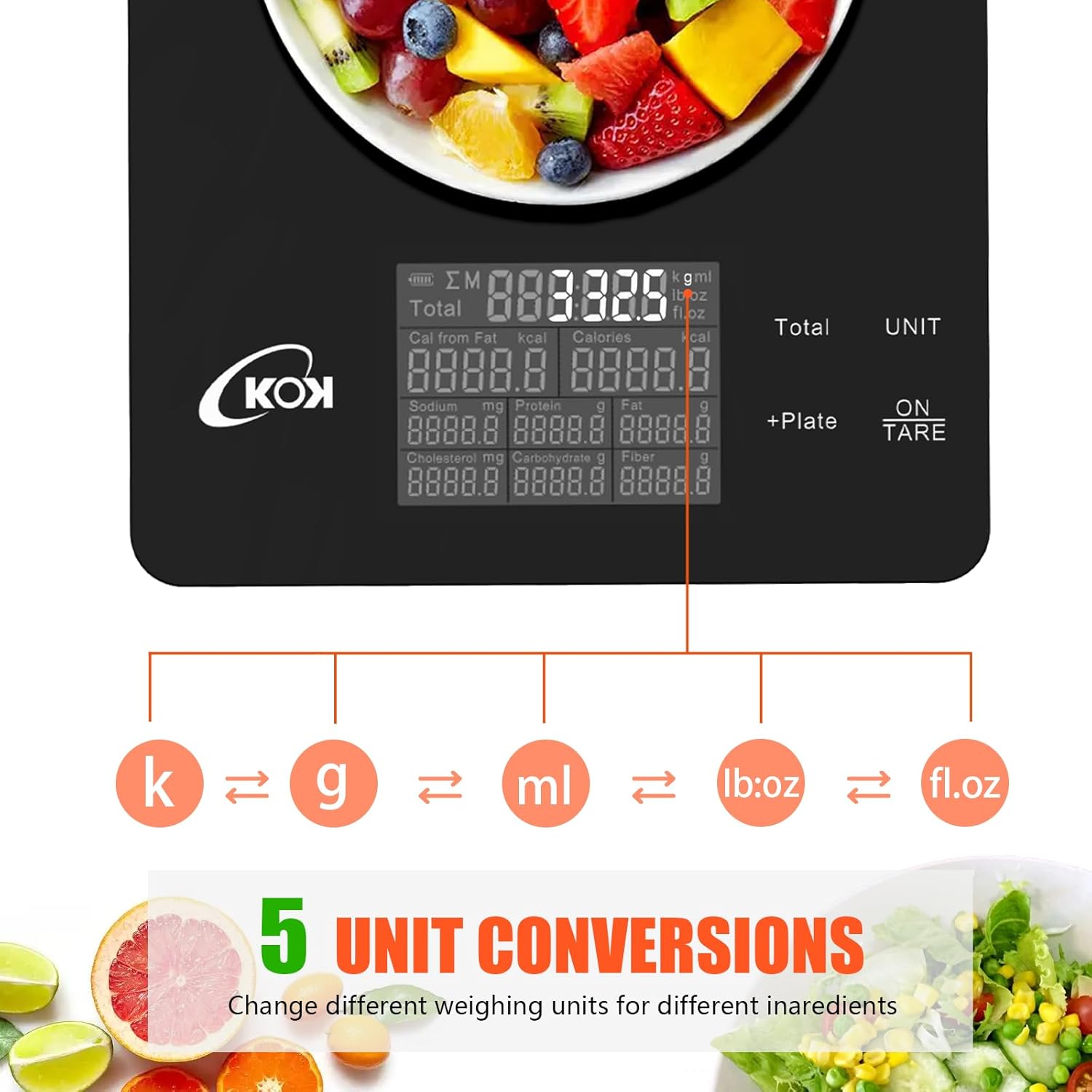 KOK Food Scale with Nutritional Calculator, Smart Calorie Scale with App to Track Protein Carb for Weight Loss, Diabetic, Baking and Keto, Kitchen Macro Scales Digital Weight Grams and Ounces, 5 Unit
