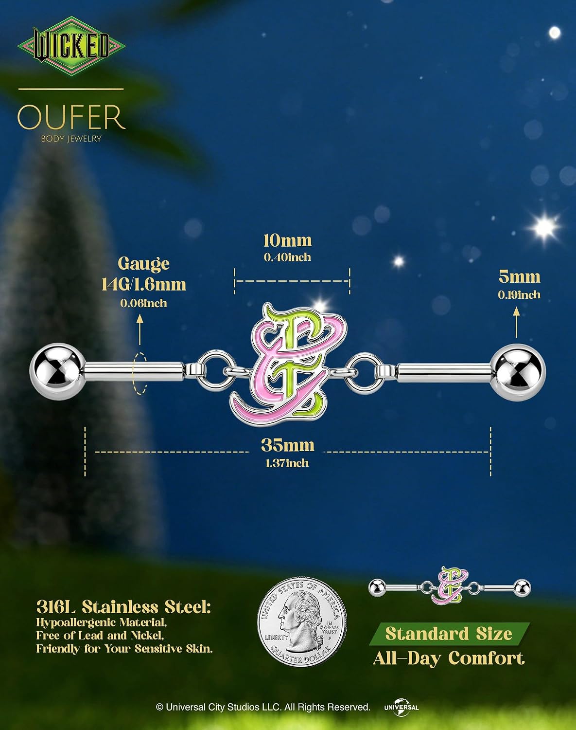 OUFER | WICKED 14g Elphaba & Glinda Silver Industrial Piercing Jewelry