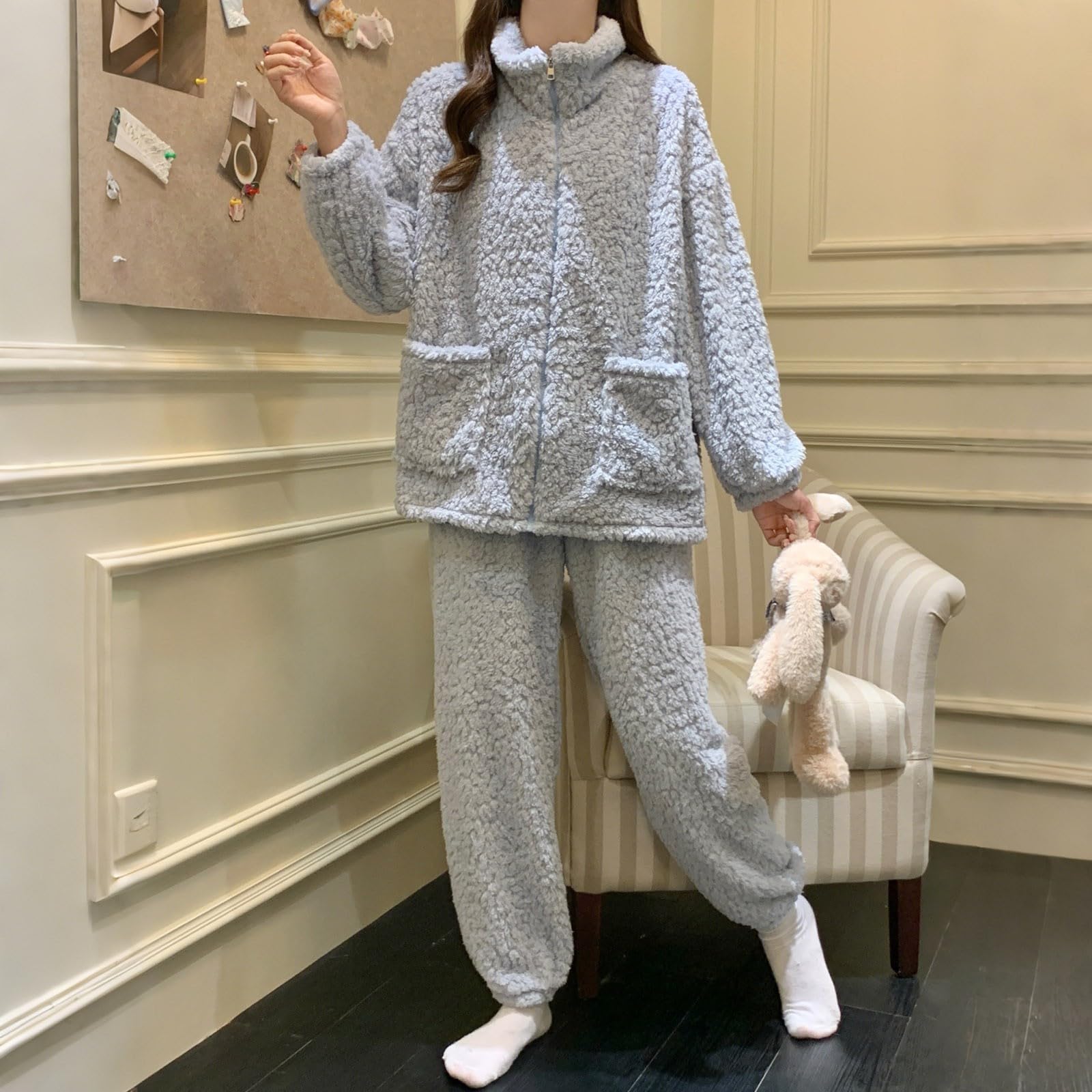 Generisch Pijama largo de franela para mujer, cuello redondo, forro polar, invierno, térmico, manga larga, de rizo, pijama de dos piezas, ropa de dormir cómoda