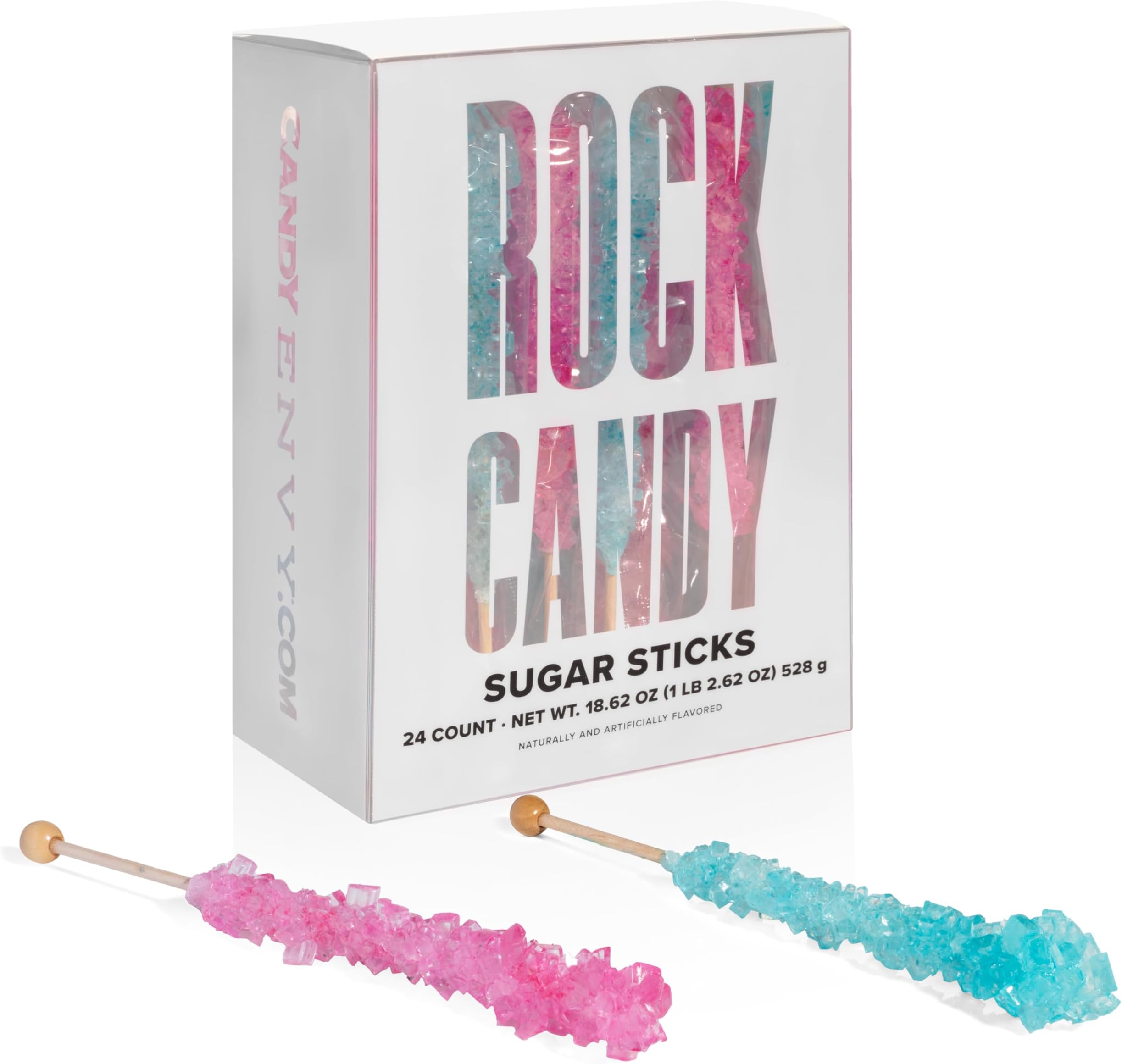 Light Blue and Light Pink Rock Candy Sugar Sticks - 24 Individually Wrapped Treats - Cotton Candy & Cherry Flavored