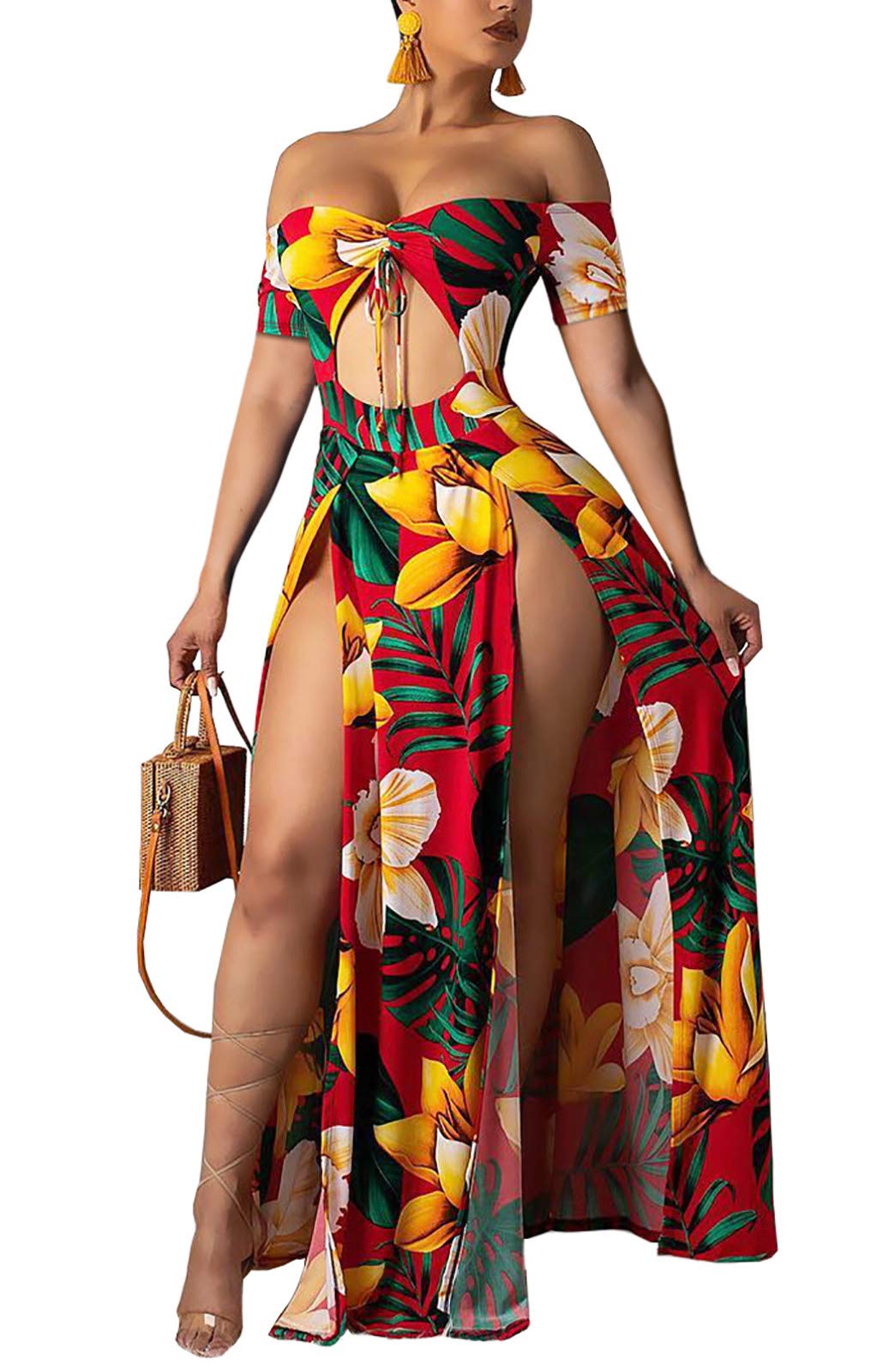 LKOUS Abito lungo da donna, sexy, con scollo a V, stile hawaiano, da spiaggia, in tinta unita, aderente, per vacanze