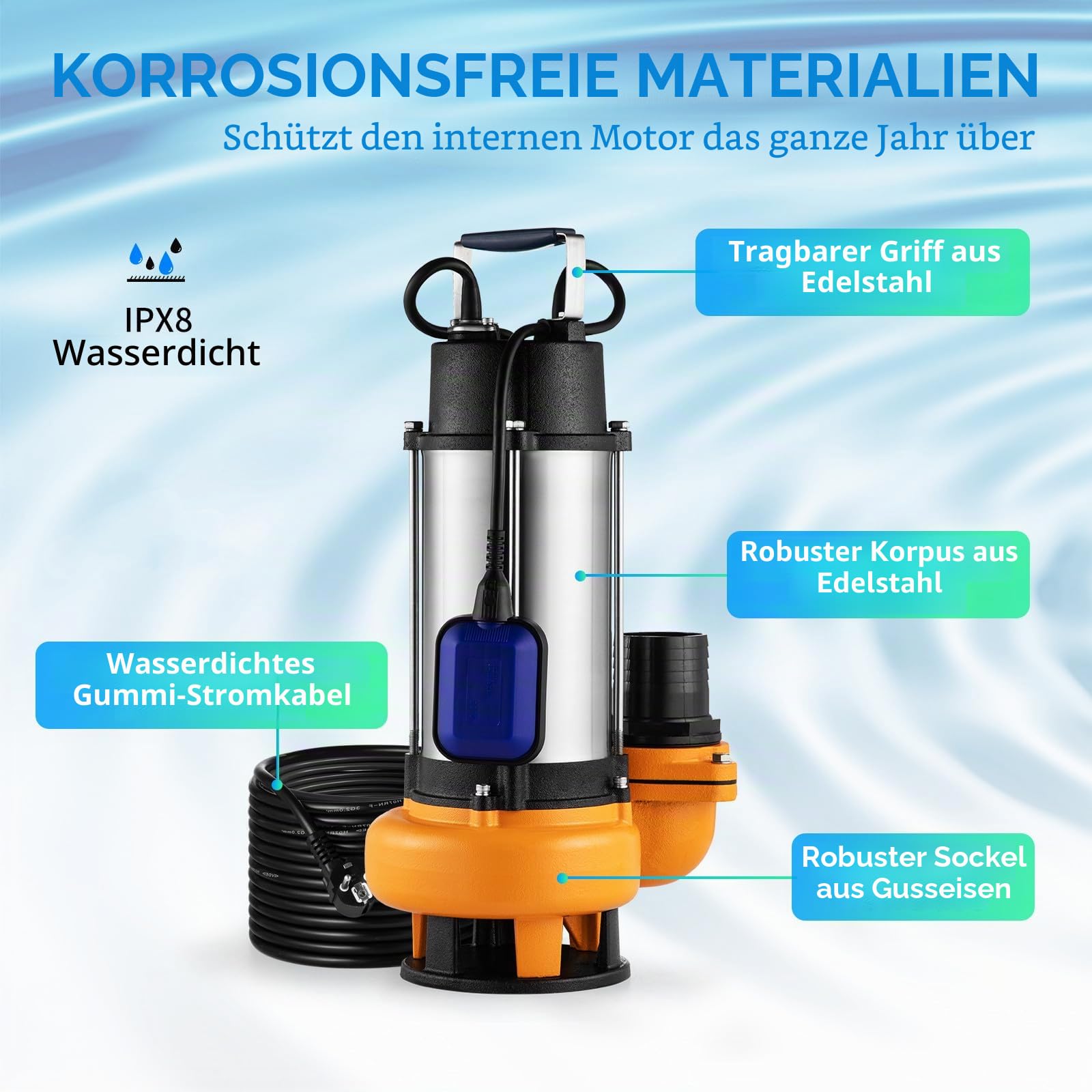 VEVOR Schmutzwasserpumpe mit var. Schwimmerschalter Tauchpumpe 2200W Gartenpumpe Durchfluss 60000L/h Schmutzwassertauchpumpe max. Hub 18m Wasserpumpe IPX8 Ideal zum Pumpen von Wasser