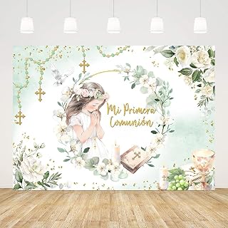AIBIIN 7x5ft Mi Primera Comunion Backdrop for Girl Baptism Christening Photography Background God Bless First Holy Communion Mi Bautizo Floral Party Decorations Banner Photo Props