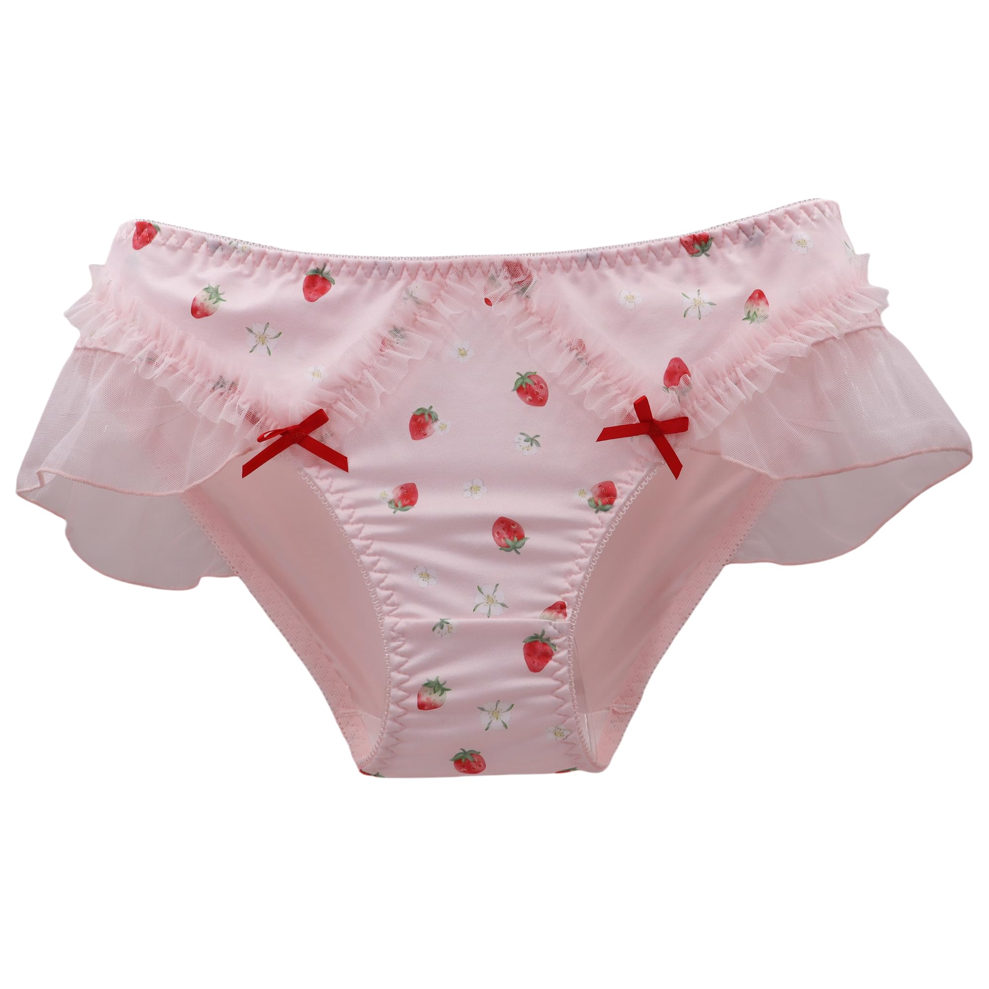 EasyTalk Sweet Strawberry Print Ruffled Panties, Pink with Red Bows Underwear, Lolita Pants, Mesh Trim, Soft Rayon Fabric, fit for High School Students (UK, Alpha, L, Regular, Regular, 41078)