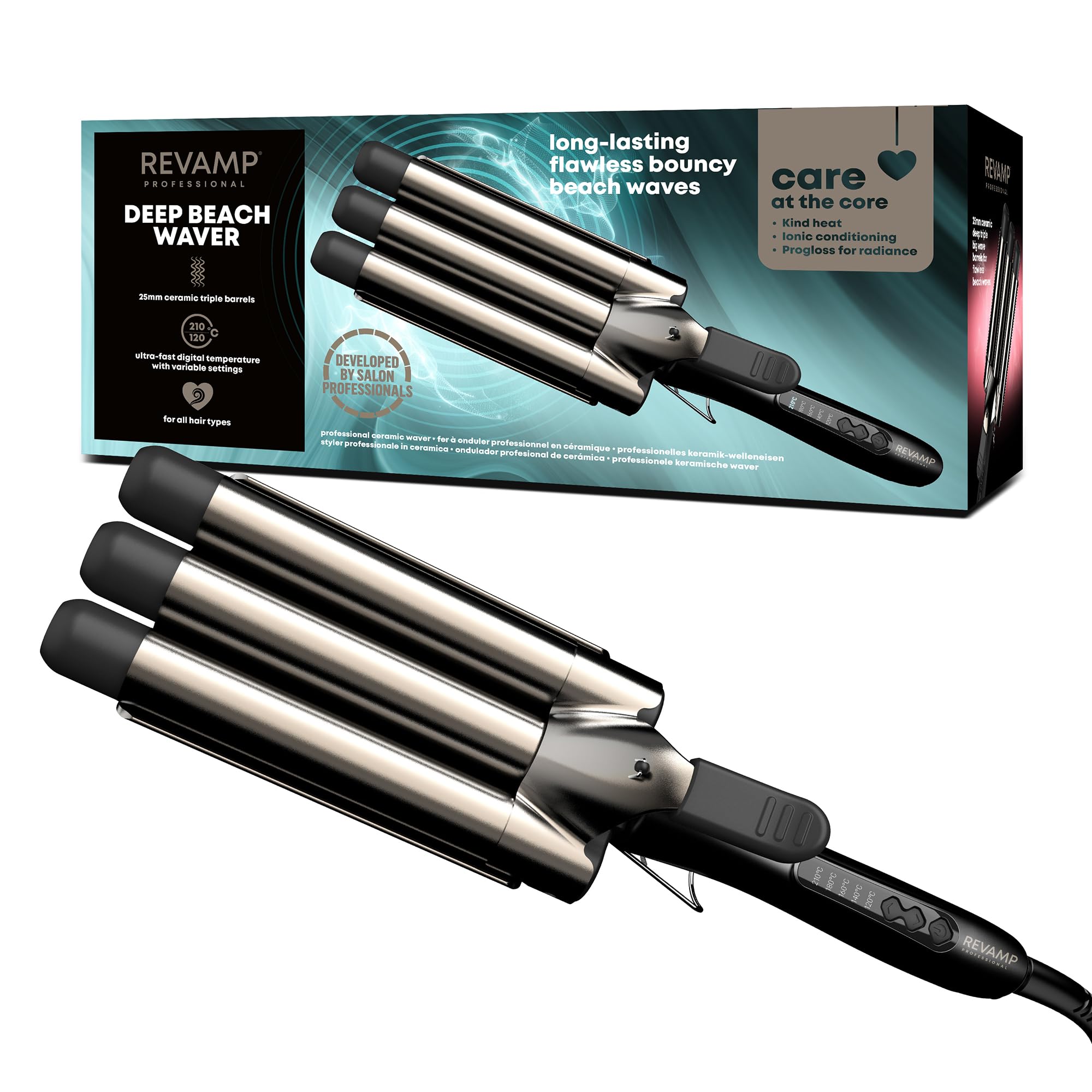 REVAMPDeep Beach Ceramic Waver - Triple 3 Barrel Hair Waver, Professional Wave Curling Iron Infused with Progloss Shine Oils, Fast Heat Mermaid Beach Waves Hair Curler for Short, Medium, Long Lengths