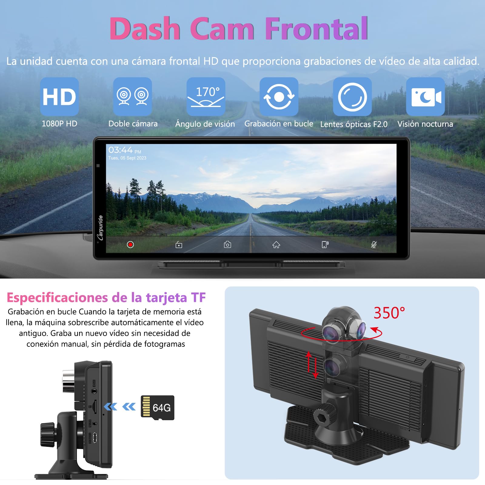 Carpuride W903 Carplay y Android Auto inalámbricos Portátiles con Cámara para Salpicadero 4K - Pantalla IPS HD de 9,3", Grabación en Bucle, Bluetooth, Mirror Link, GPS, Siri, Montaje en Salpicadero