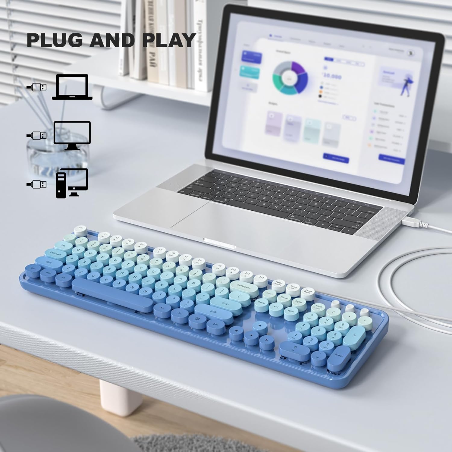 Wired Keyboard, 104 Keys Full-Sized Typewriter Keyboards, USB Office Keyboard with Number Pad, Caps Indicators, Foldable Stands for Windows, PC, Laptop, Desktop (Blue) Blue Gradient