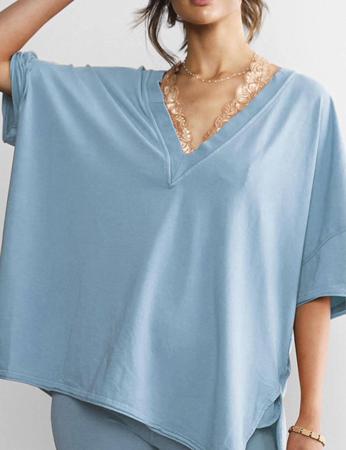 VAOYIU Womens 2 Piece Outfits Oversized Hot Shot Reversible Set V Neck T Shirt Biker Shorts Workout Sets - Image 7