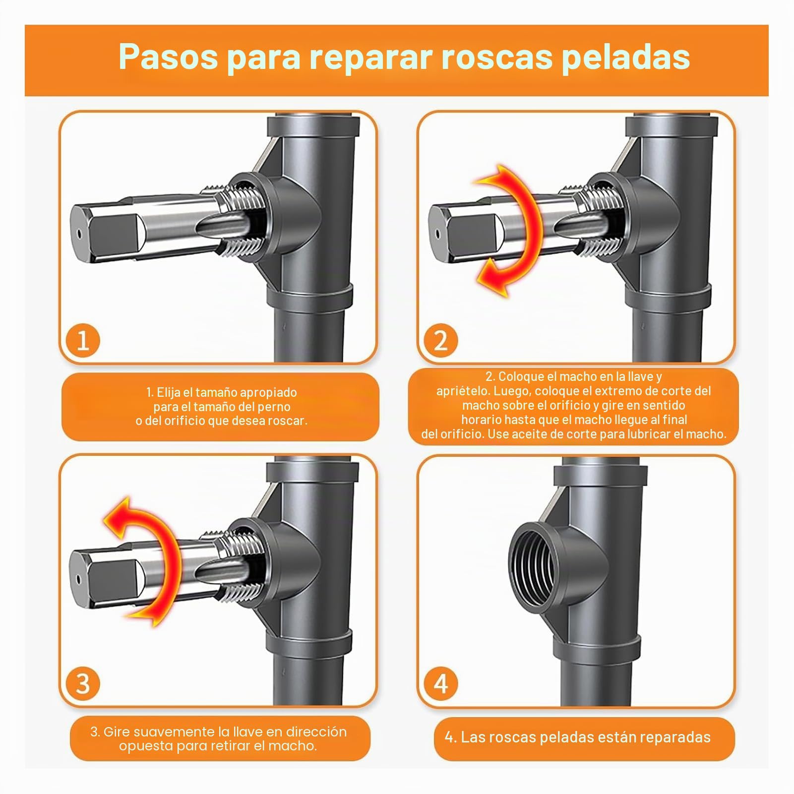 Juego de Grifos para Tubos NPT, Juego de Grifos para Tubos con Cortador de Hilo de 6 Piezas, Grifo de Incisión de 1 Pulgada, 3/4 Pulgadas, 1/2 Pulgadas, 3/8 Pulgadas, 1/4